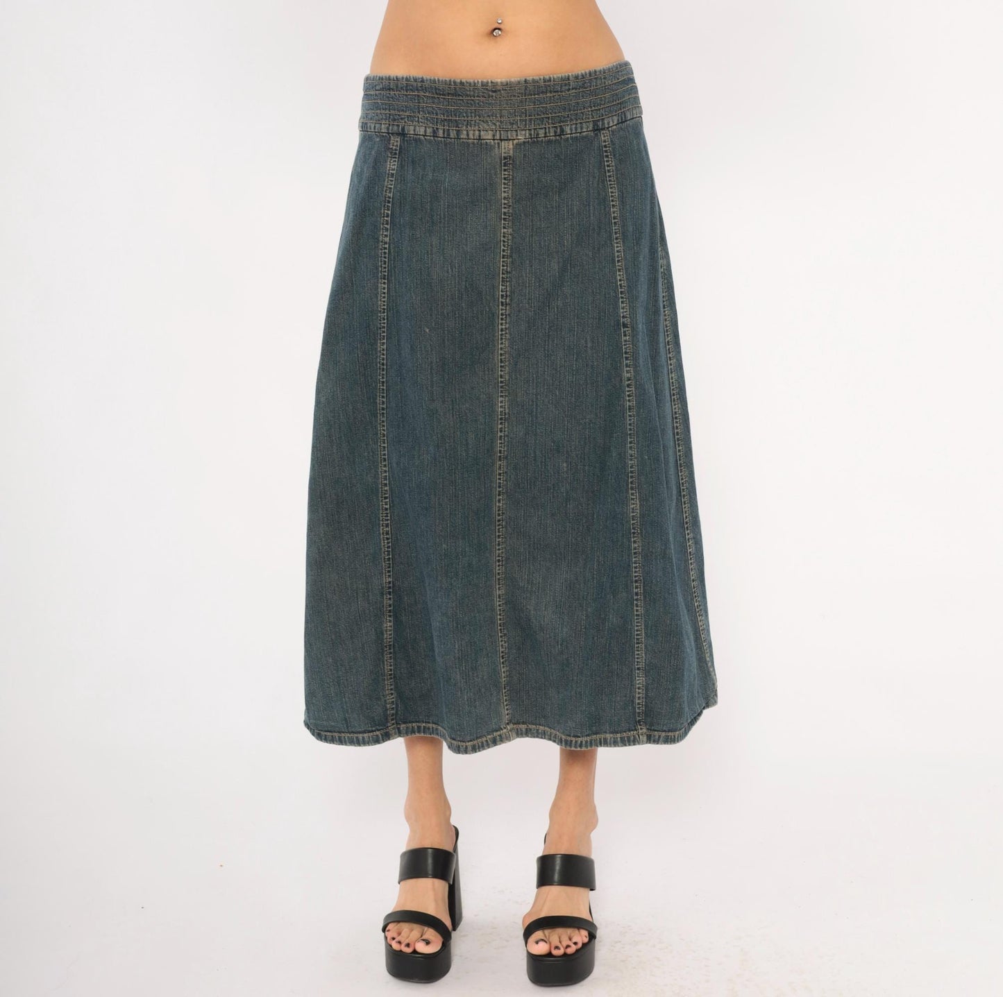2000s Tommy Hilfiger Denim Midi Skirt Navy A-Line Low Rise Medium M