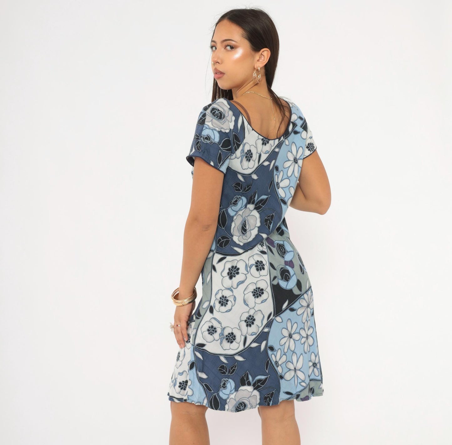 Y2K Iolani Patchwork Floral Mini Dress Navy Sky Blue Rayon Small