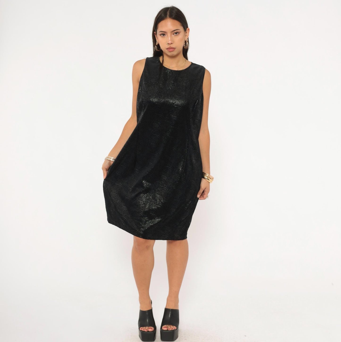 90s Robbie Bee Black Snakeskin Shift Dress Keyhole Back Knee Length Large L