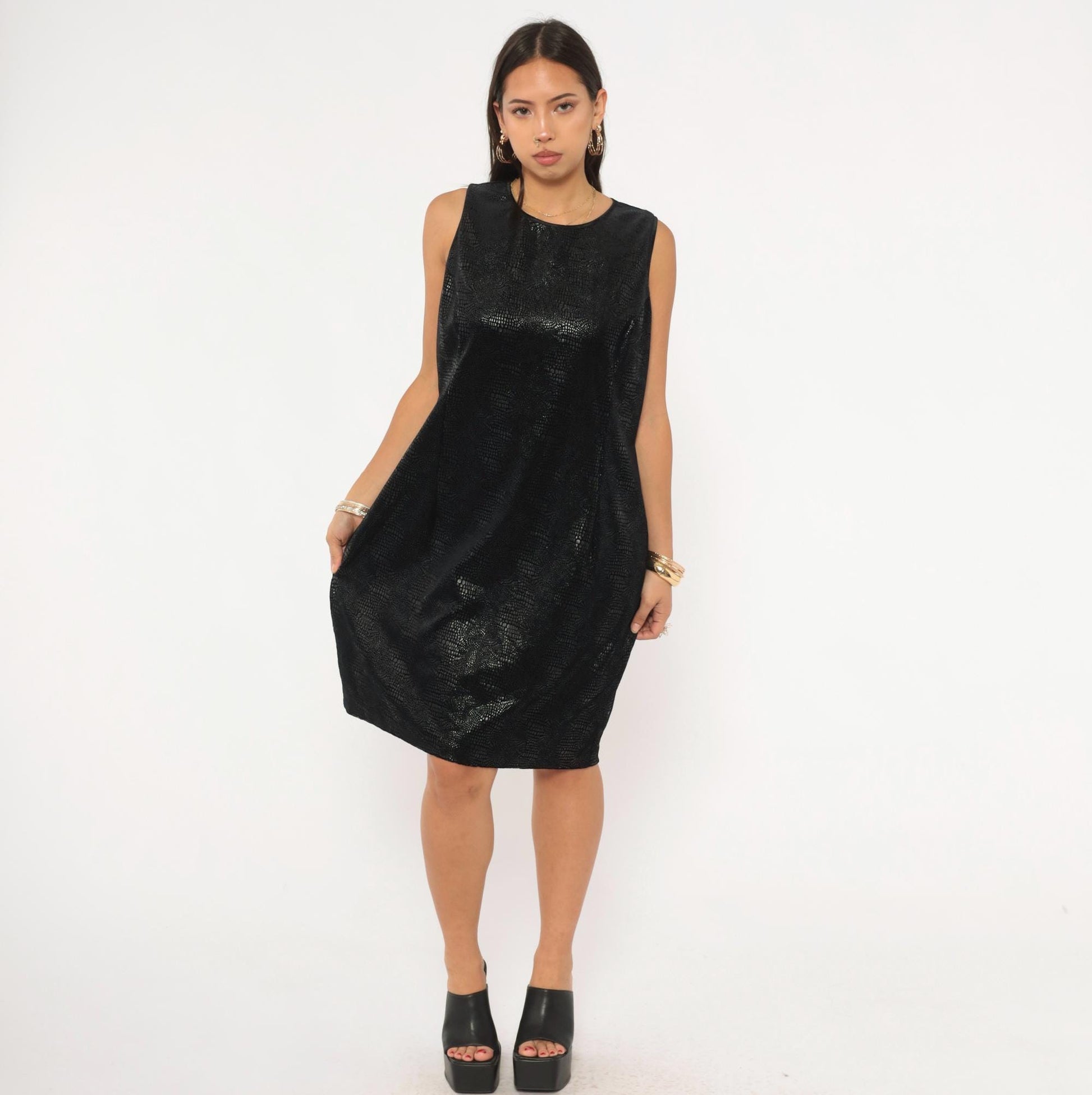 90s Robbie Bee Black Snakeskin Shift Dress Keyhole Back Knee Length Large L