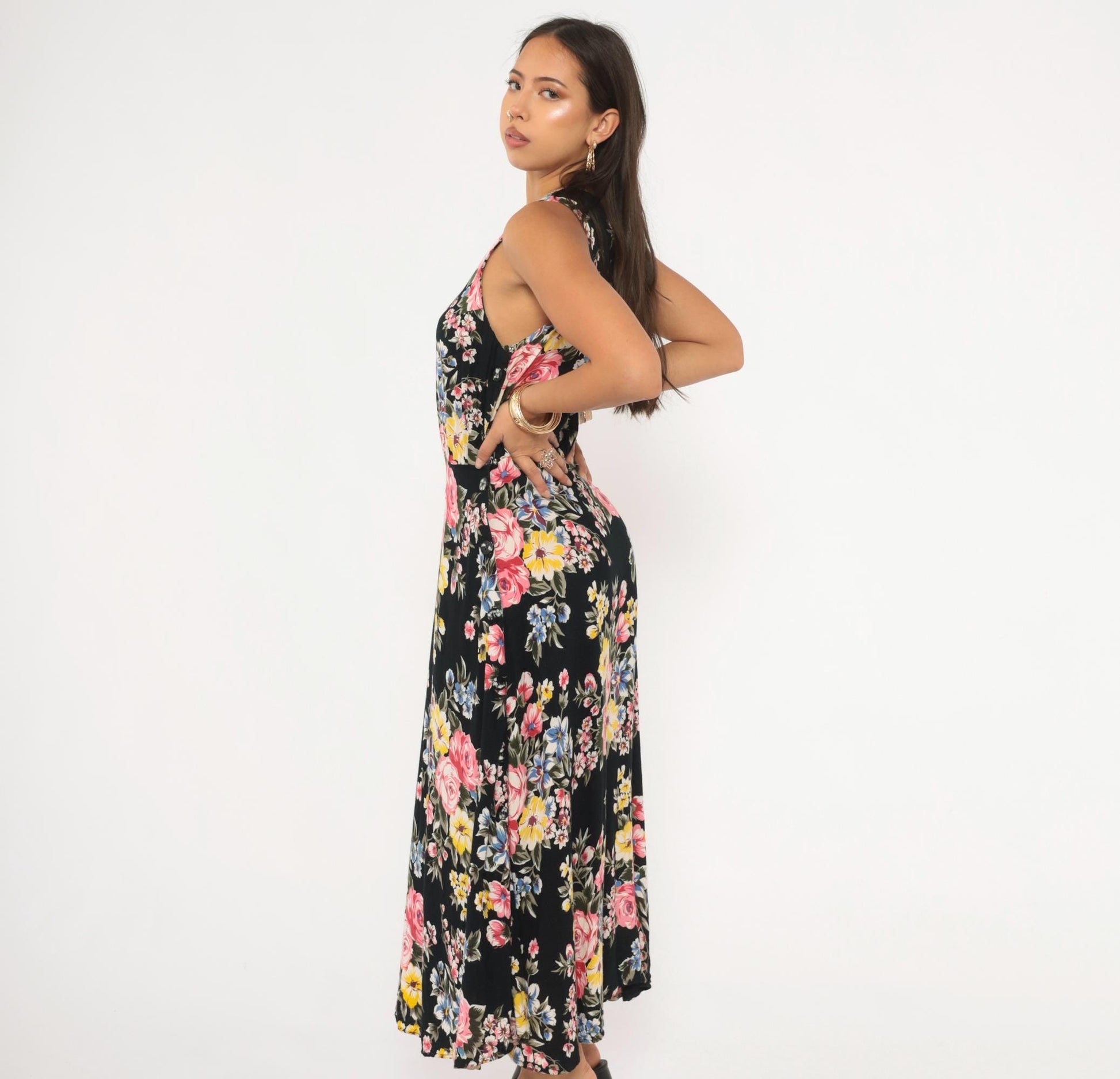 90s Style Works Floral Maxi Dress Black Pink Rose Yellow Blue Sleeveless Medium M
