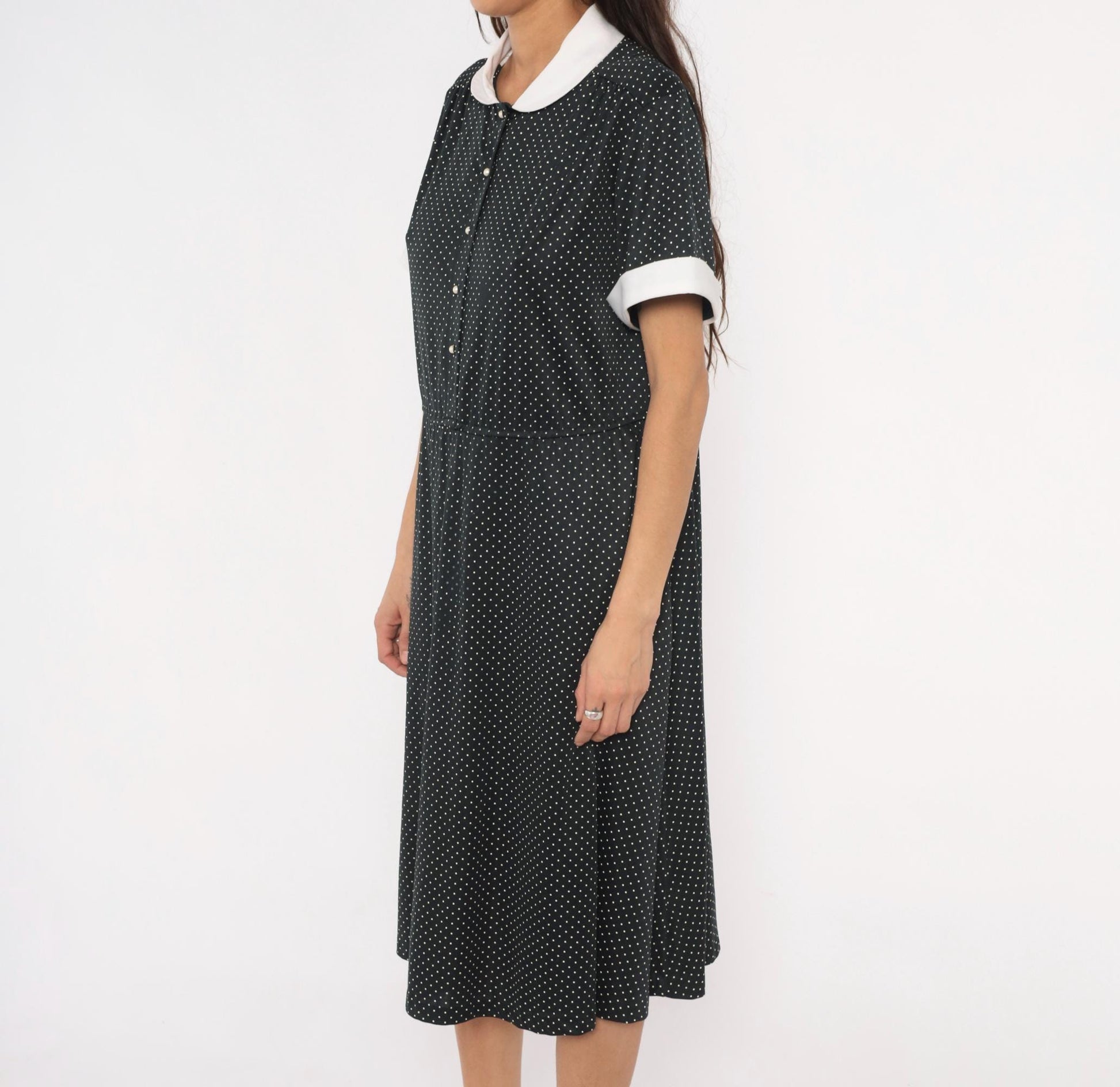 1970s Black White Polka Dot Peter Pan Collar Midi Dress Plus Size XL