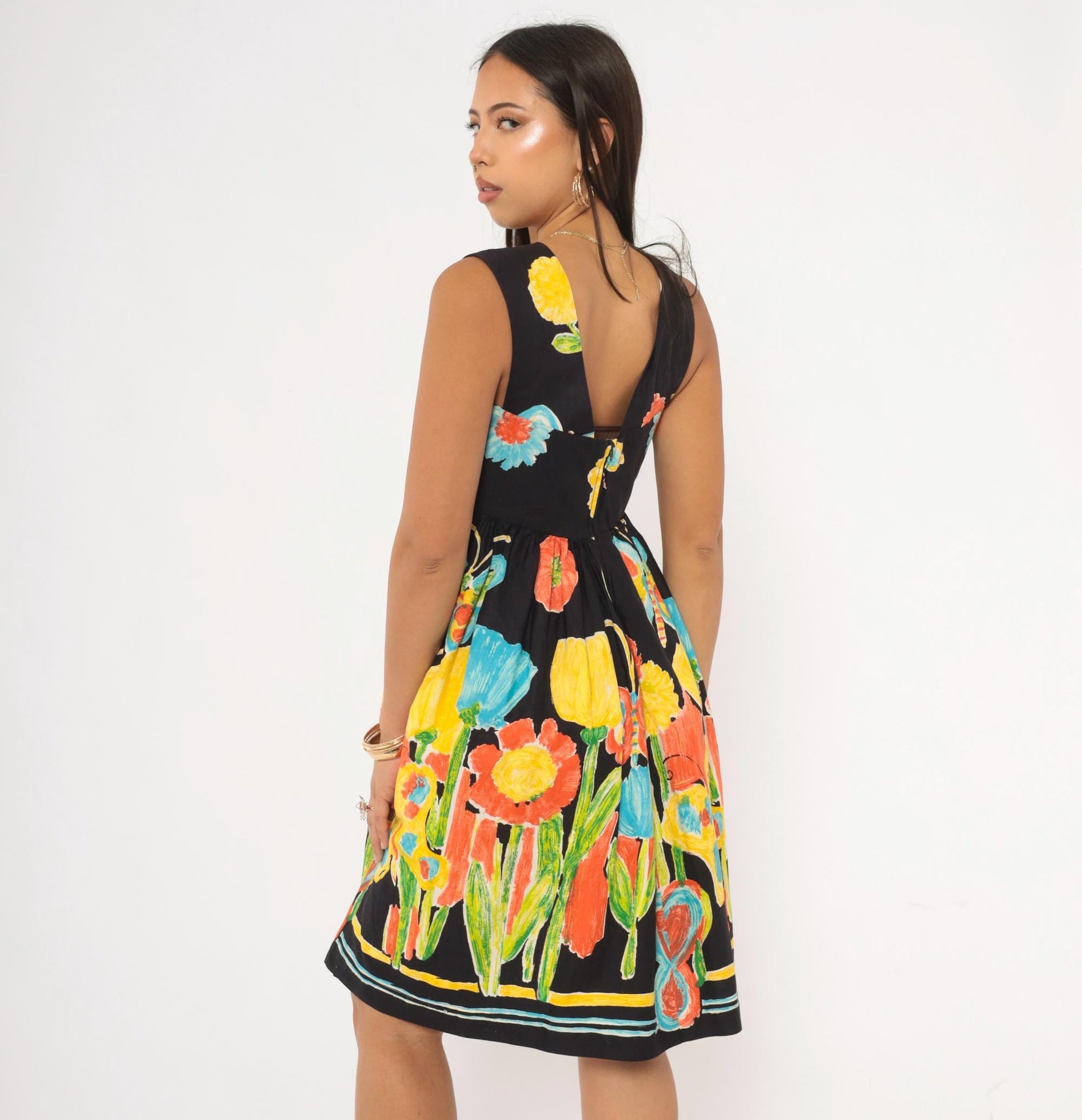 70s Dela Ann Creation Babydoll Dress Black Yellow Butterfly Floral Empire Waist Small