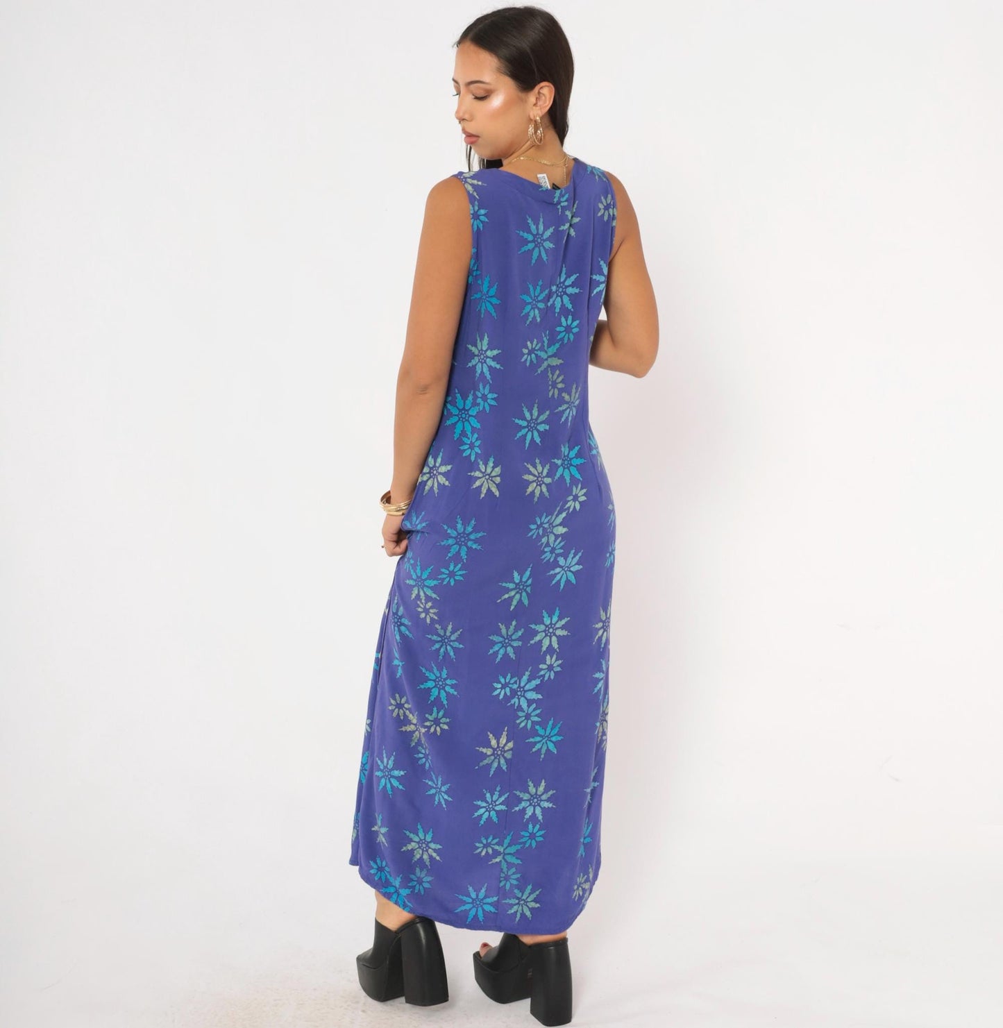 90s Temptation Batik Maxi Dress Purple Teal Starburst Floral Sleeveless Medium