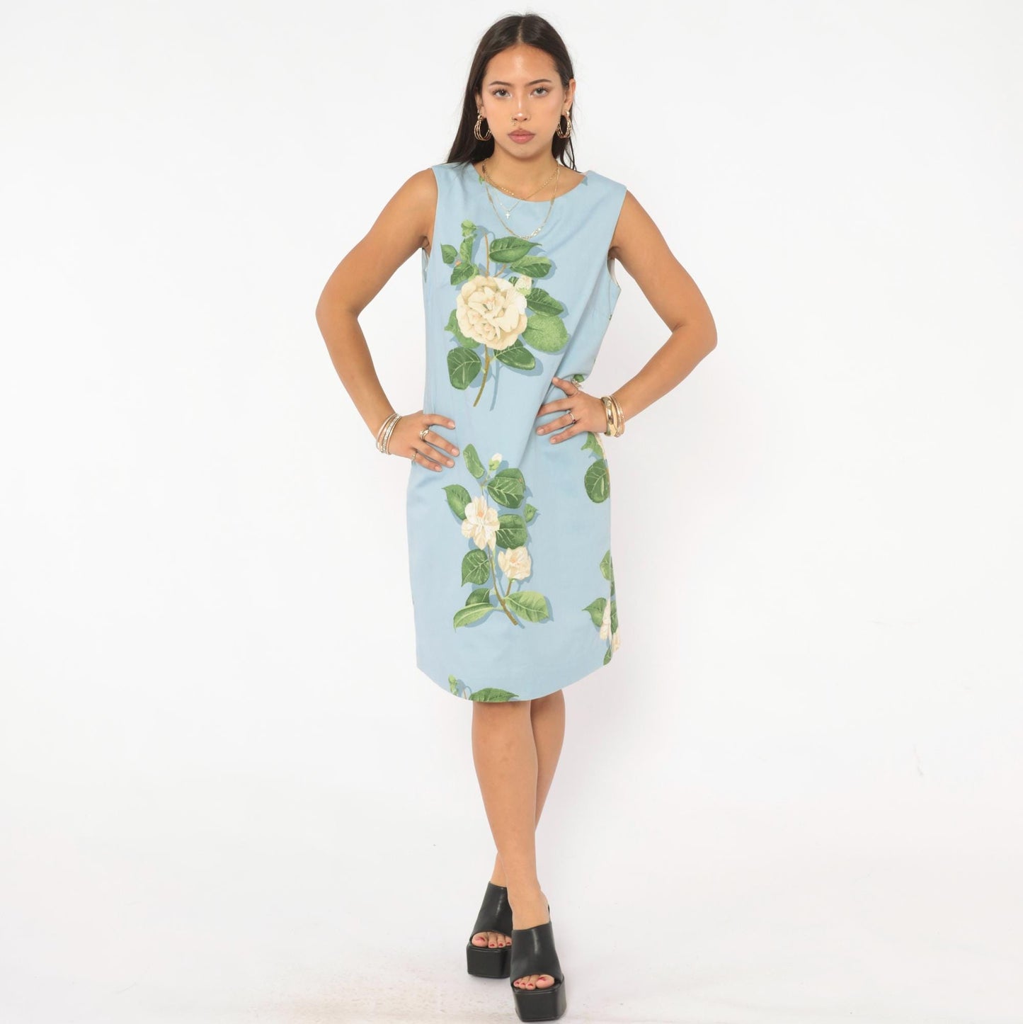 2000s Chris Kellogg Sky Blue Floral Shift Dress Botanical Rose Print Knee Length Medium M