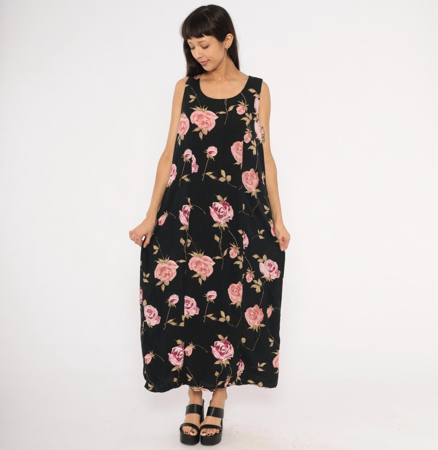 90s Jodi Michaels Rose Print Maxi Dress Black Pink Sleeveless Large L