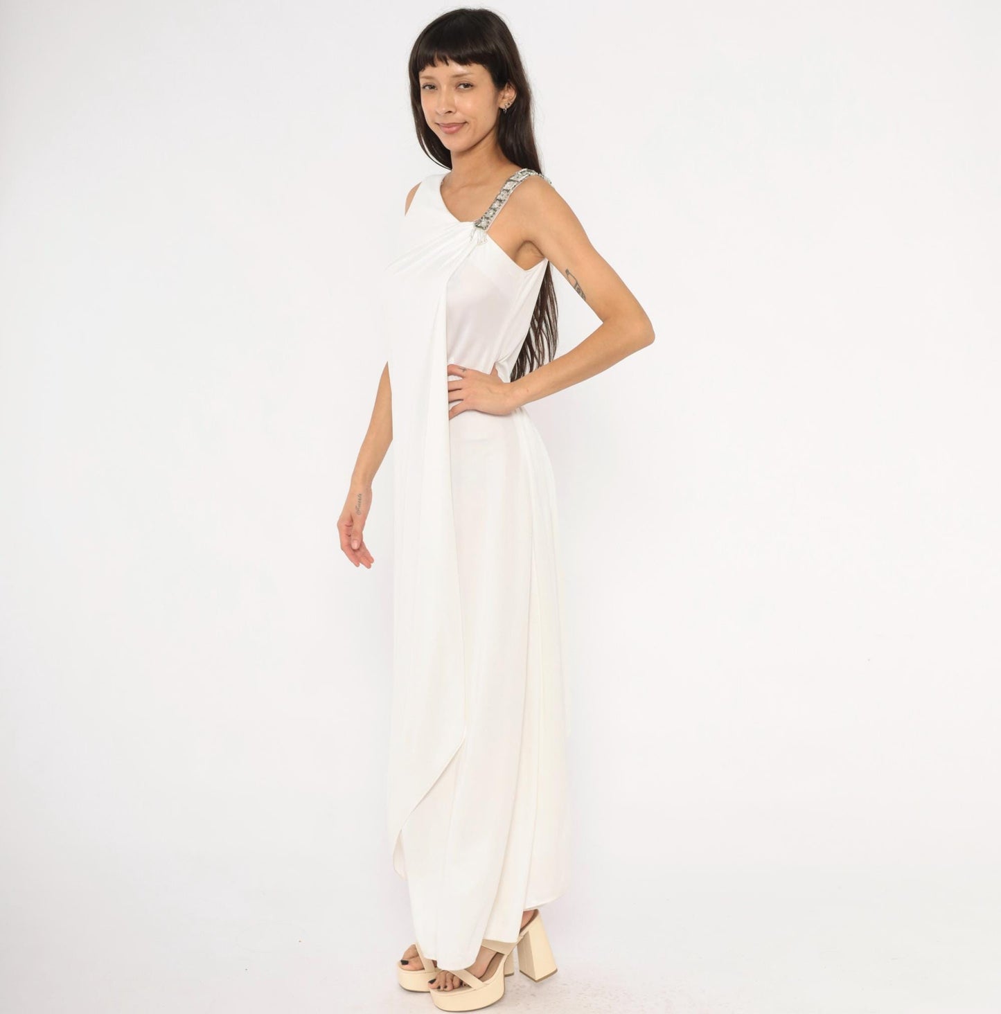 70s White Maxi Gown Asymmetrical Neckline Beaded Crystal Strap Small