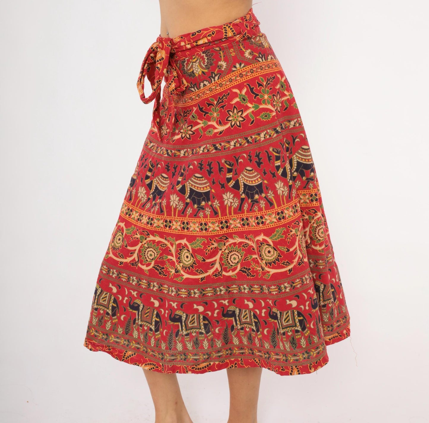 90s Indian Block Print Cotton Wrap Skirt Red Elephant Floral Small