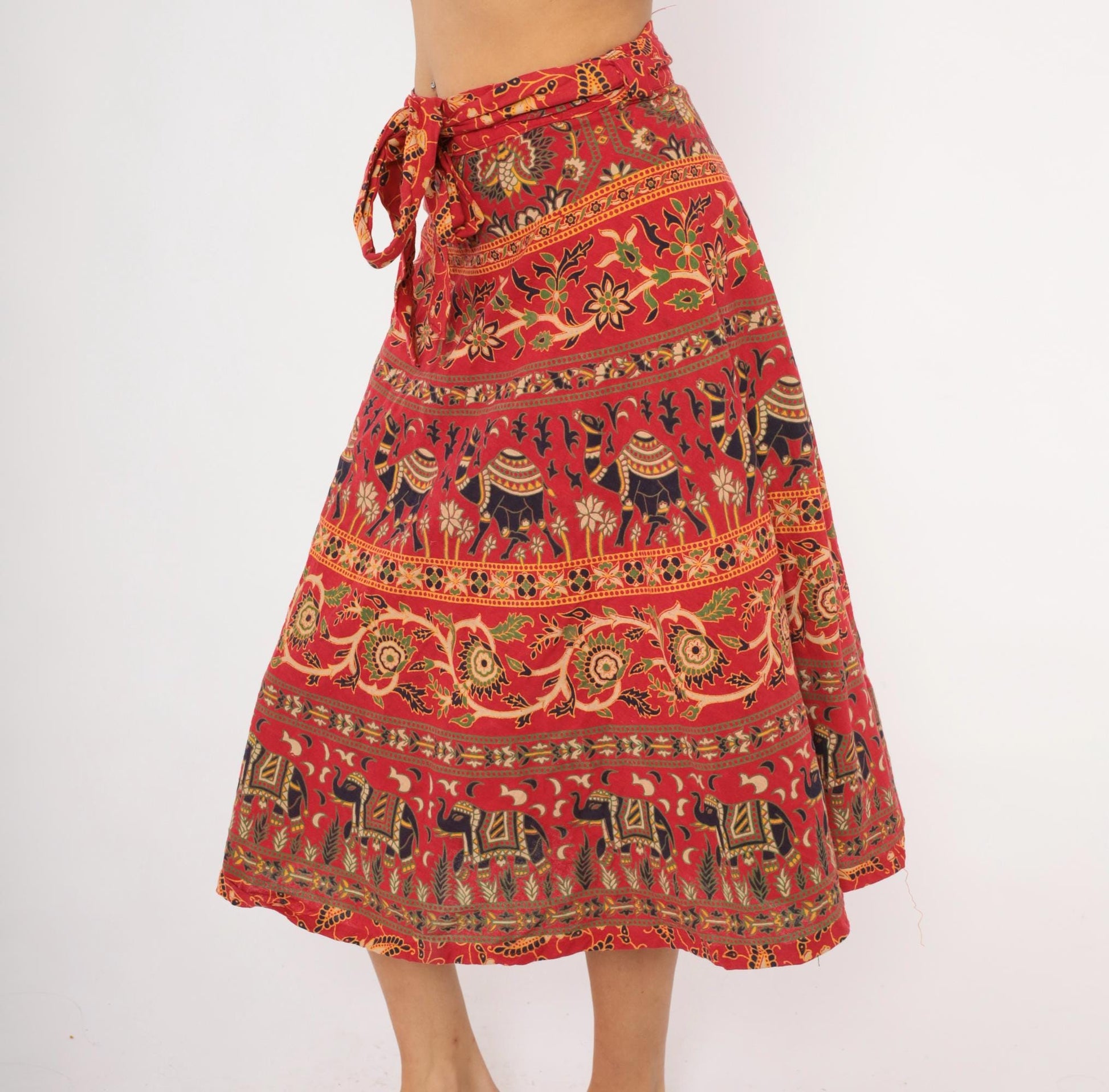 90s Indian Block Print Cotton Wrap Skirt Red Elephant Floral Small