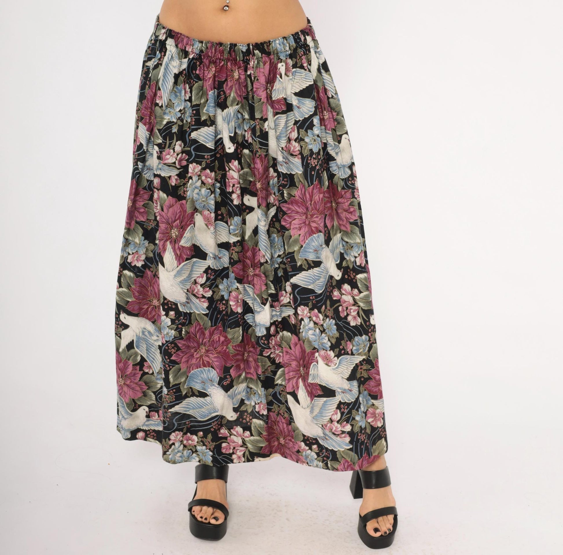 80s Navy Dove Poinsettia Maxi Skirt Cotton Floral A-Line Medium Large