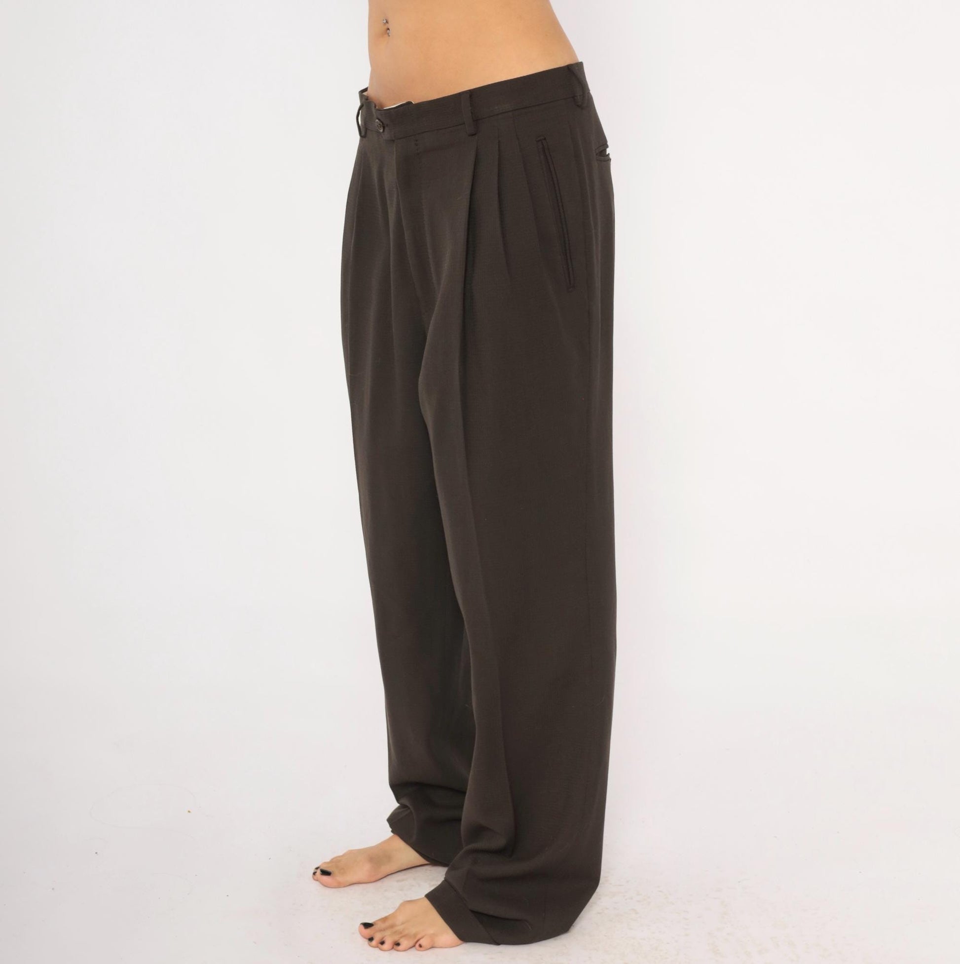 70s Wool Pleated Trousers Brown Micro-Check Wide Leg Dress Pants 36x33