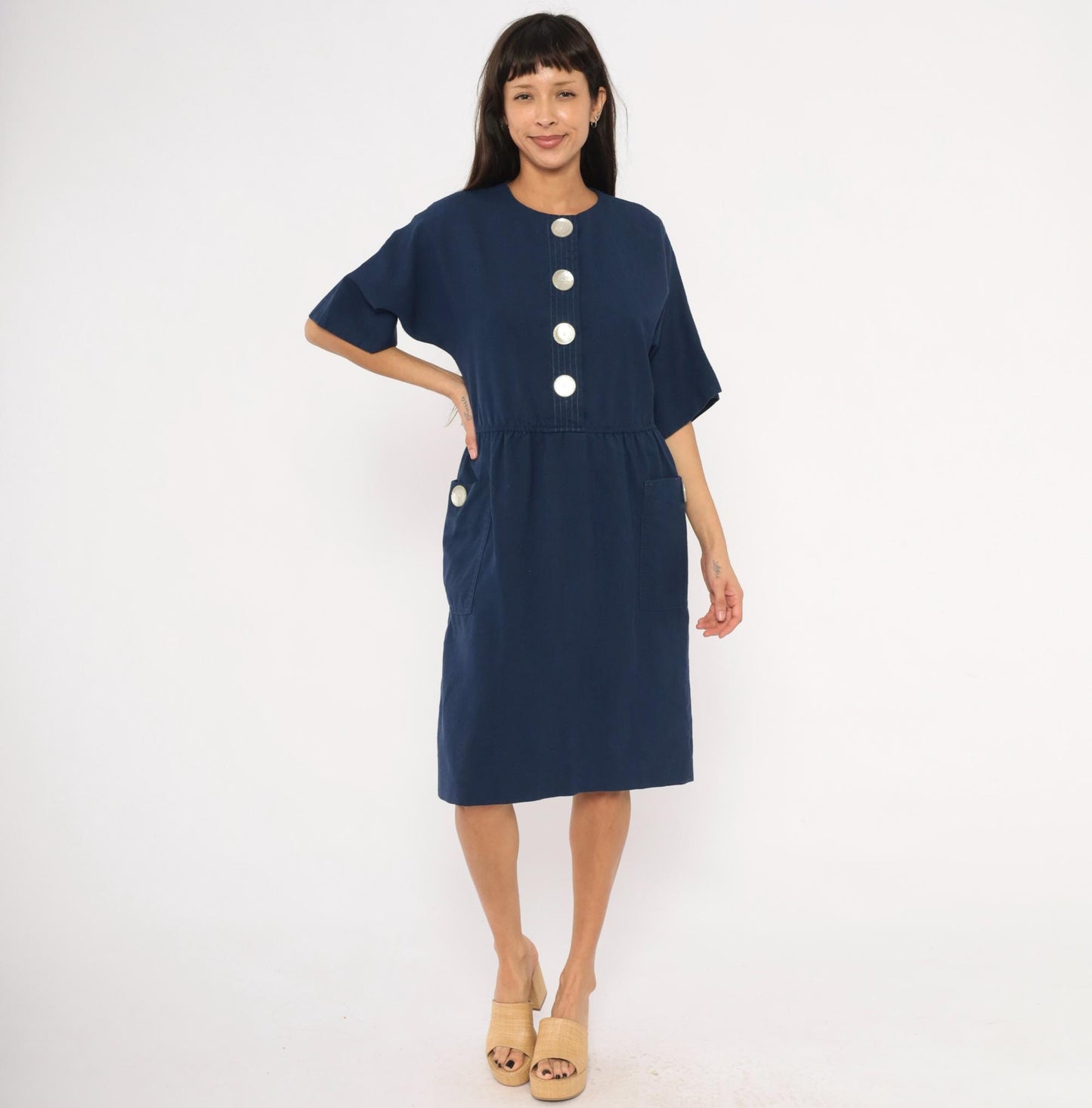 80s Leslie Fay Navy Button-Front Dress Knee-Length Elastic Waist Large L
