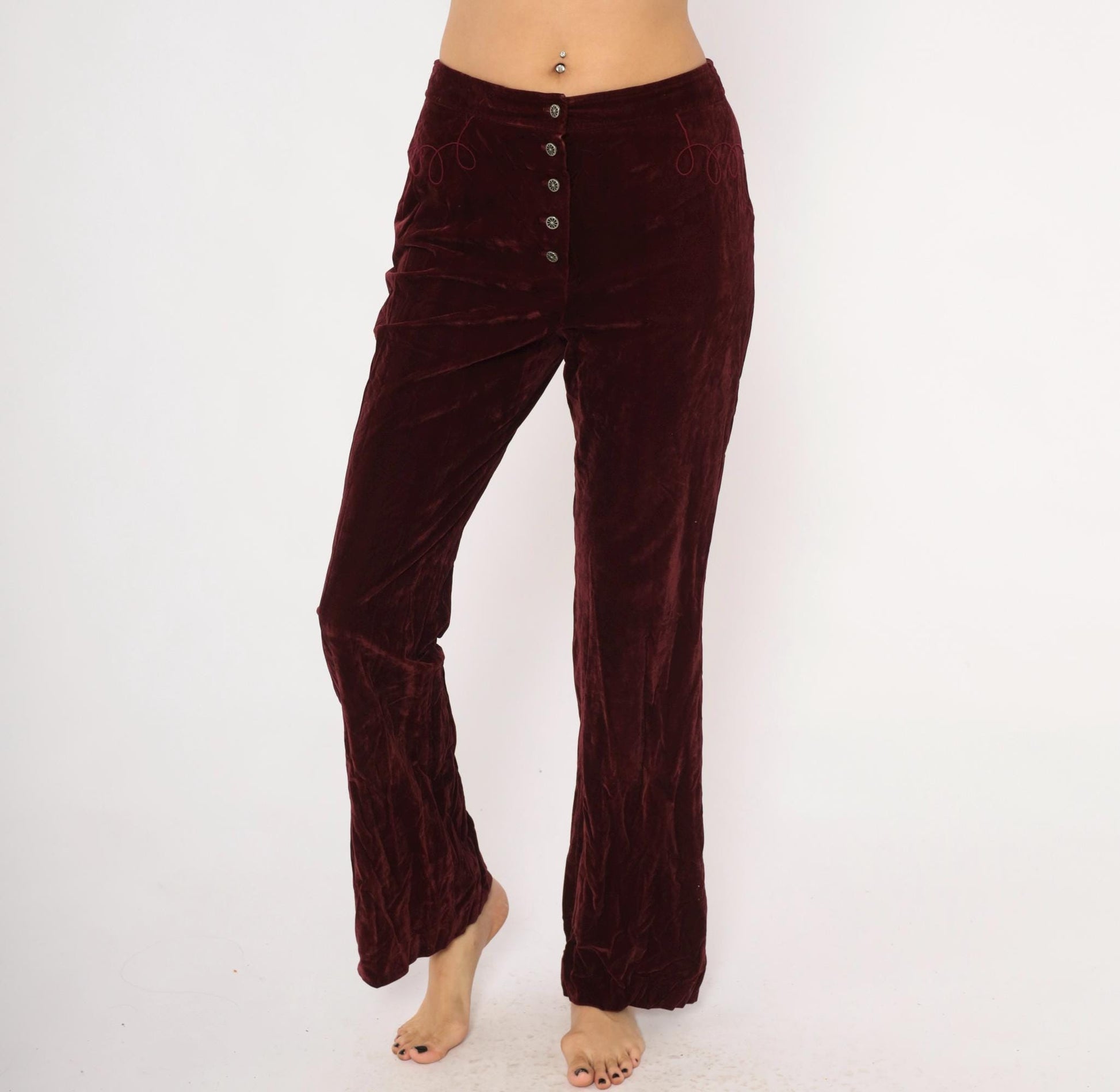 70s Burgundy Crushed Velvet Flare Pants Embroidered Low Rise Medium M