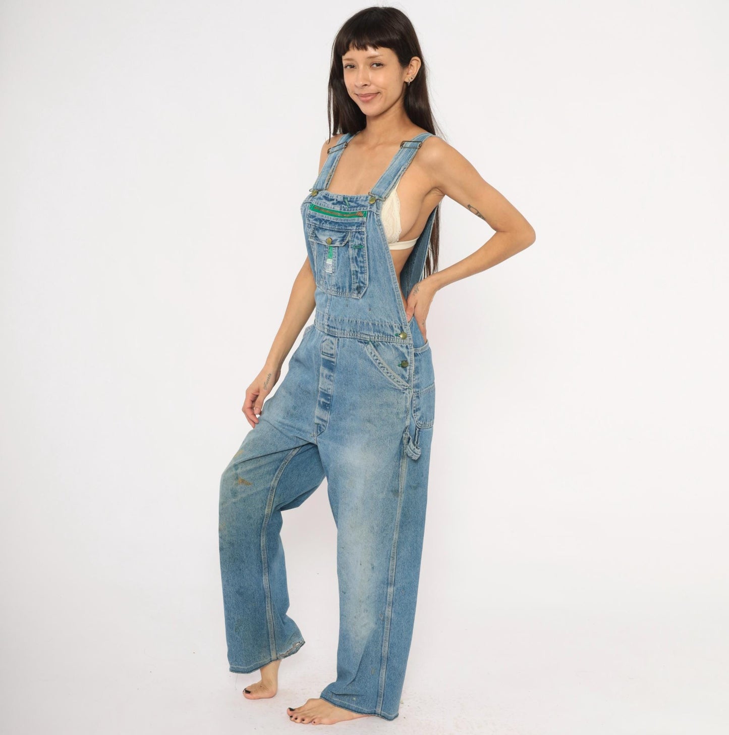 90s Liberty Denim Bib Overalls Green Zipper Distressed Workwear Medium