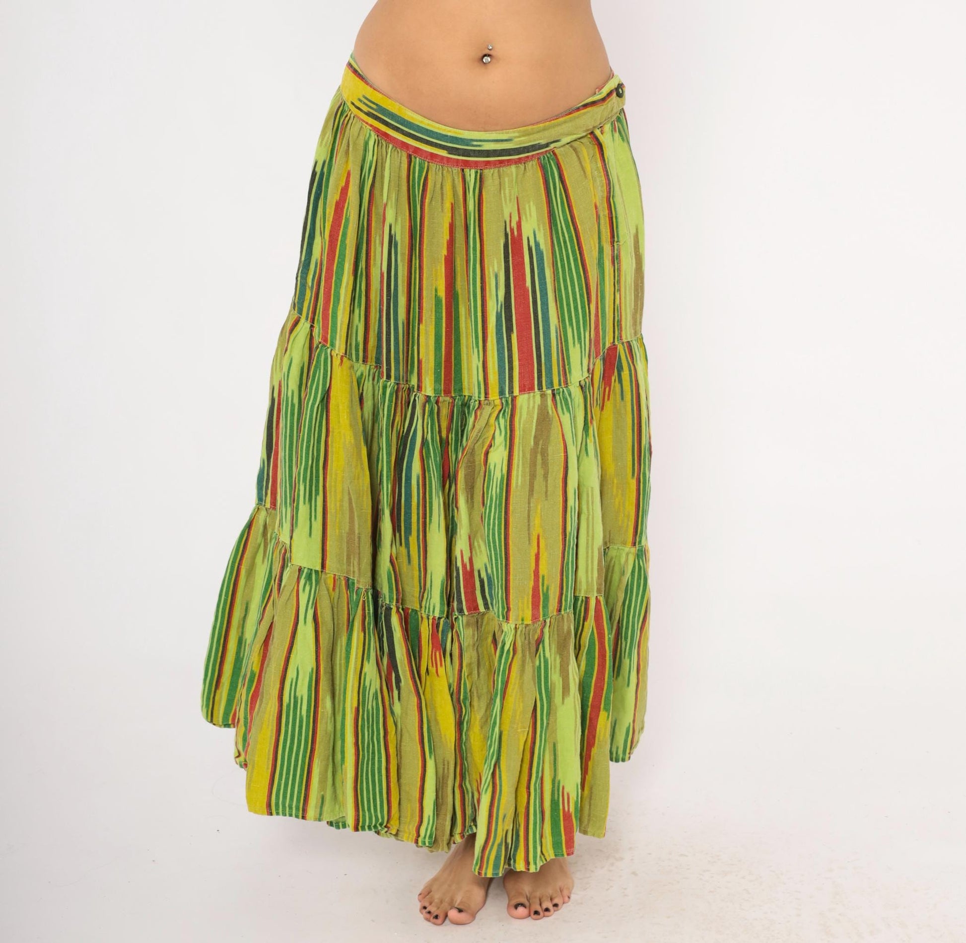 2000s Mason's Ikat Tiered Maxi Skirt Green Yellow Red Woven Large L