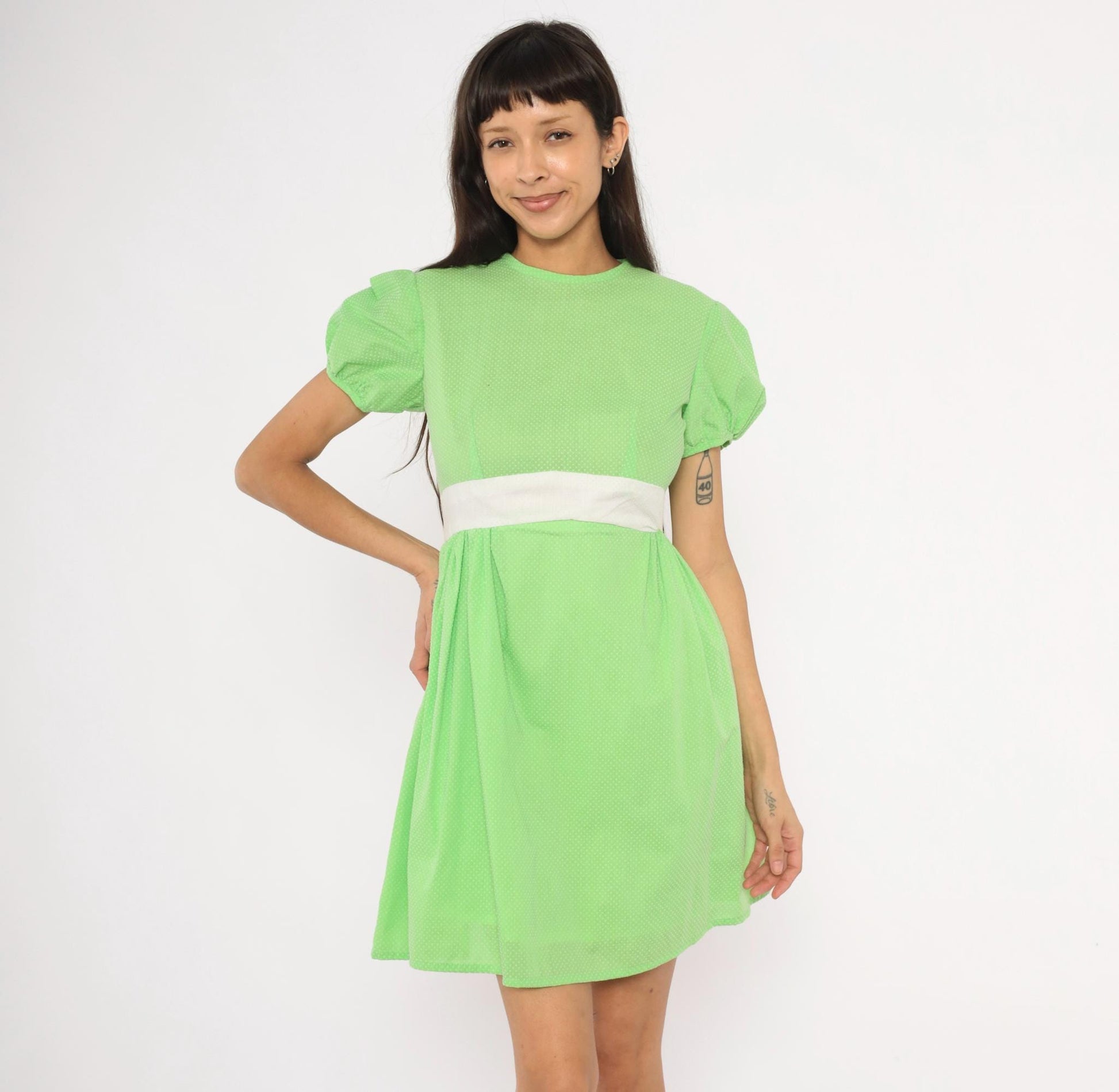 70s Lime Green Polka Dot Puff Sleeve Mini Dress Cotton Bow Waist Small S