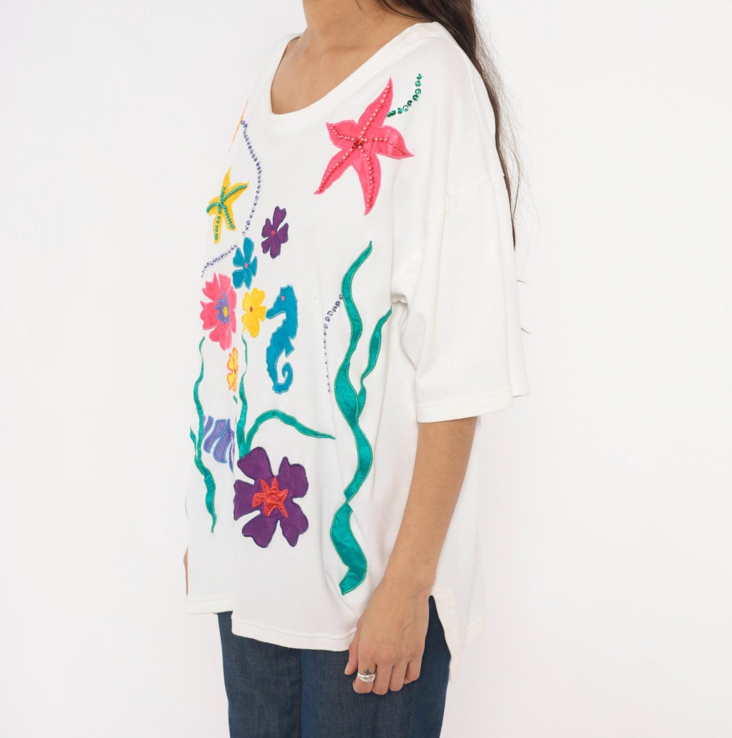 90s Extra-Touch Ocean Appliqué Tee Seahorse Starfish Rhinestone White XL