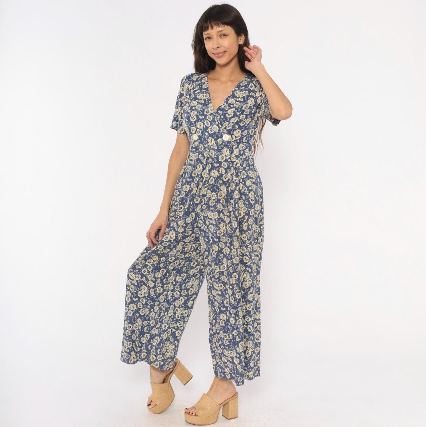 90s Jeffrey & Dara Floral Jumpsuit Cobalt Blue Wide Leg Wrap V Neck Medium M