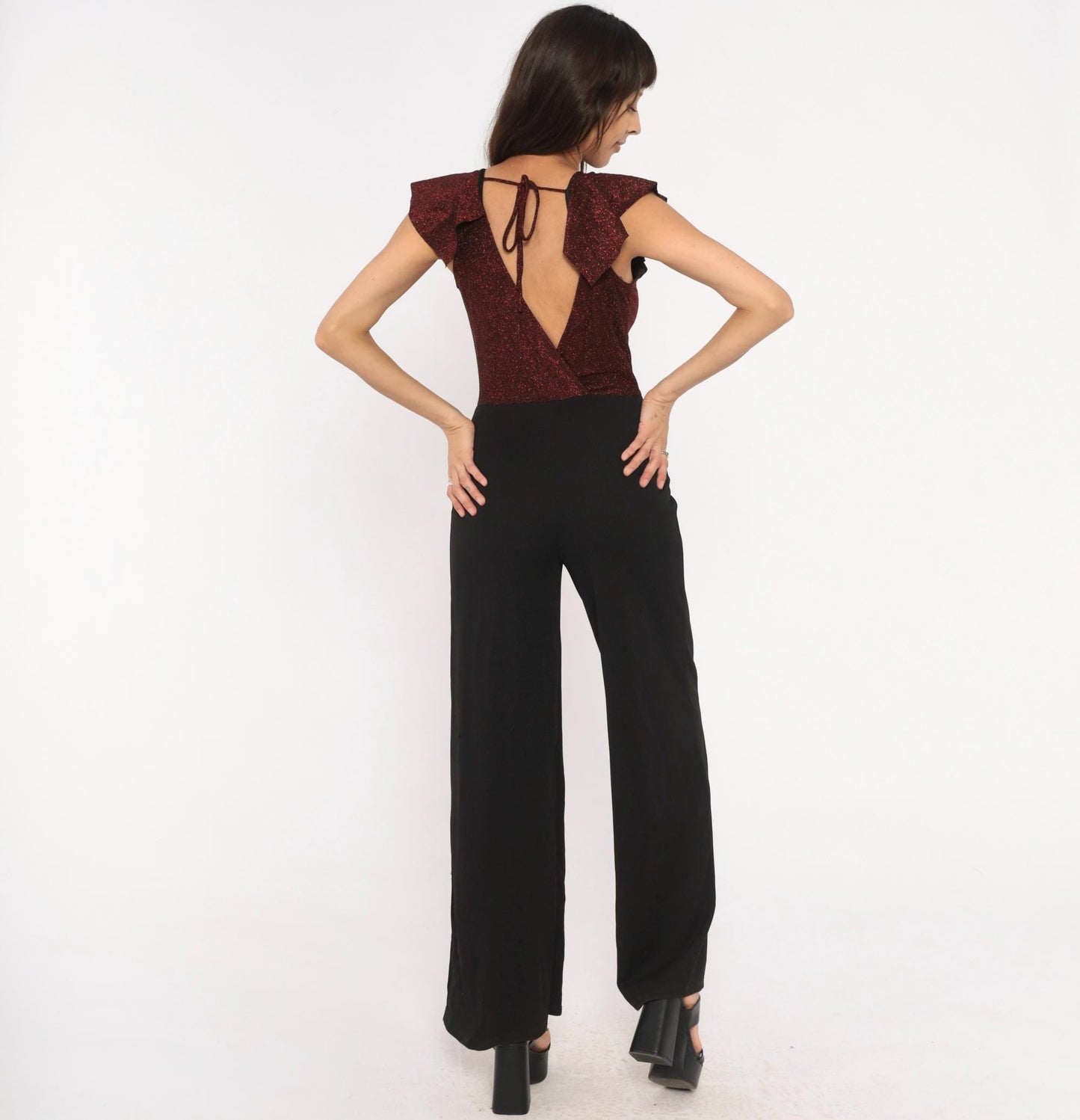 2000s Crece Jumpsuit Black Burgundy Glitter Ruffle Deep V Wide Leg Medium M