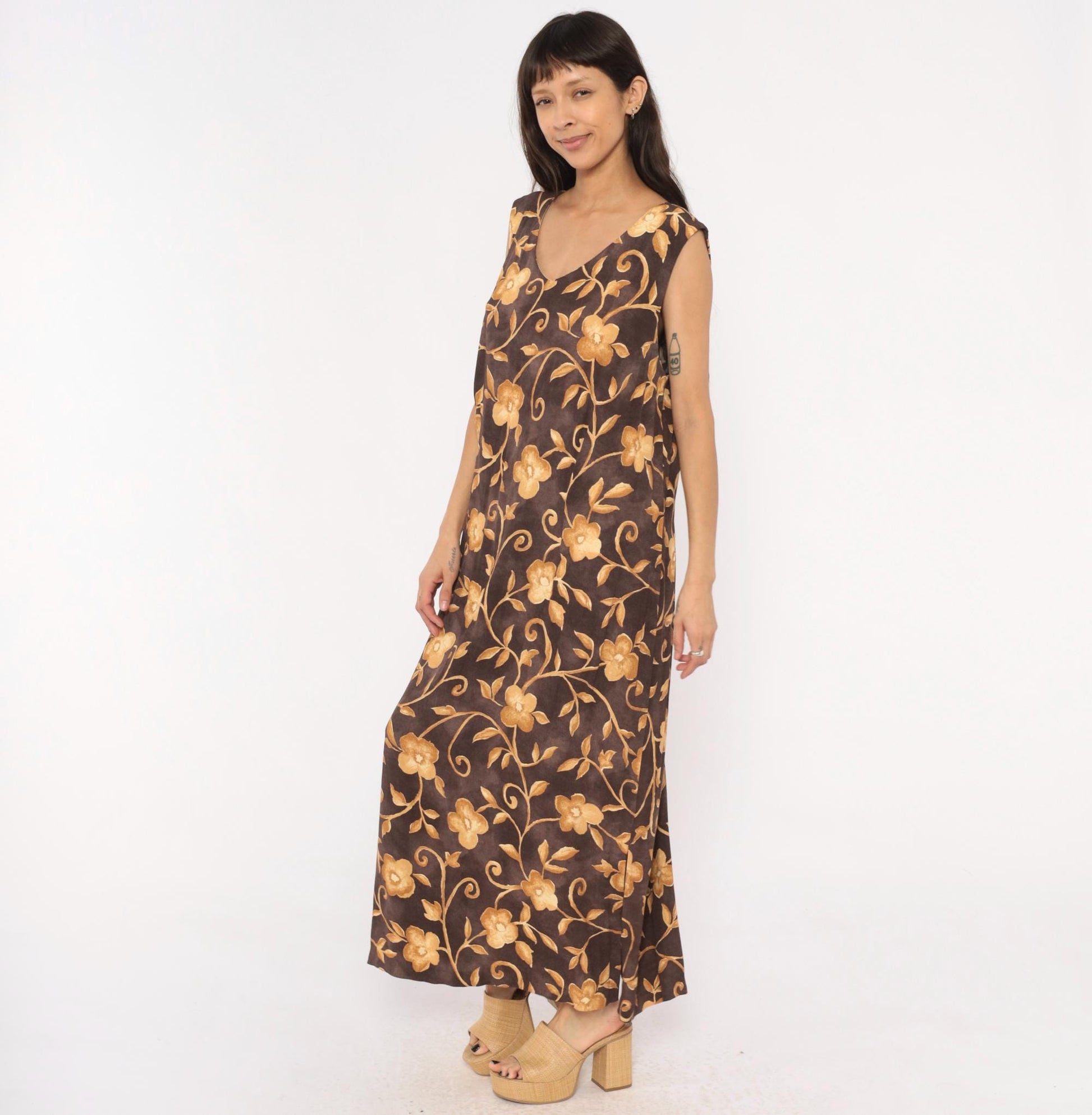 90s AGB Floral Maxi Dress Brown Gold Vine Sleeveless V Neck Plus Size XXL