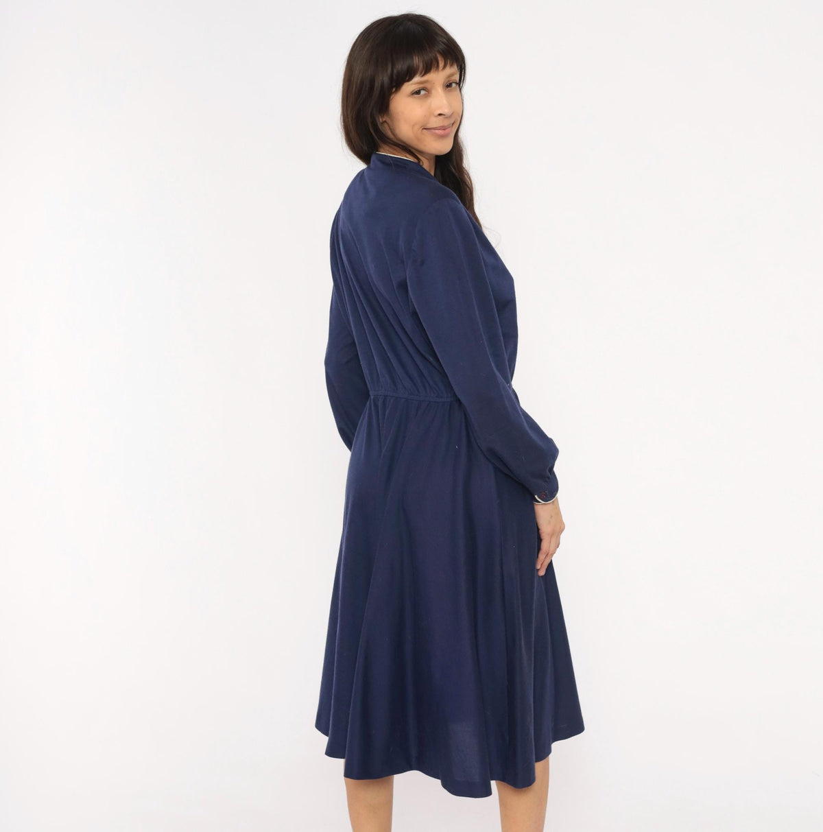 80s Ms. Sugar Navy Cotton Dress V-Neck Button Front Blouson Sleeve Medium Large
