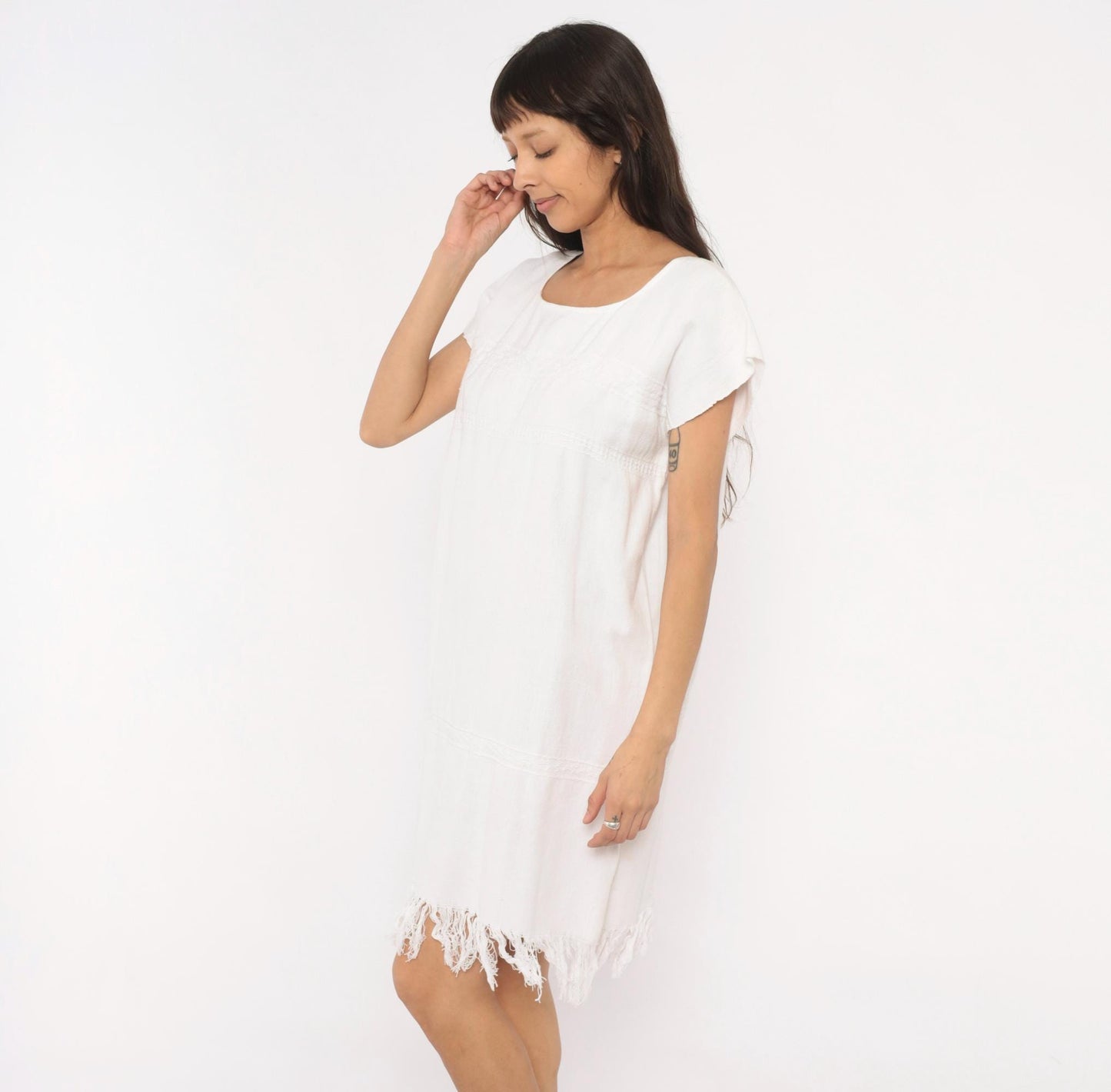 90s Buonarroti White Cotton Handwoven Shift Dress Fringe Hem Medium M