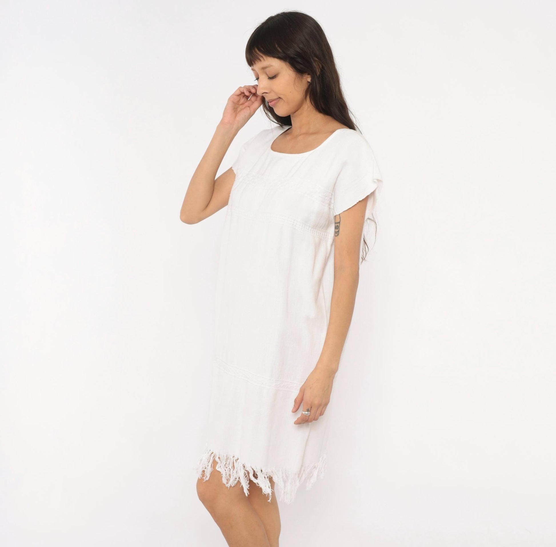 90s Buonarroti White Cotton Handwoven Shift Dress Fringe Hem Medium M