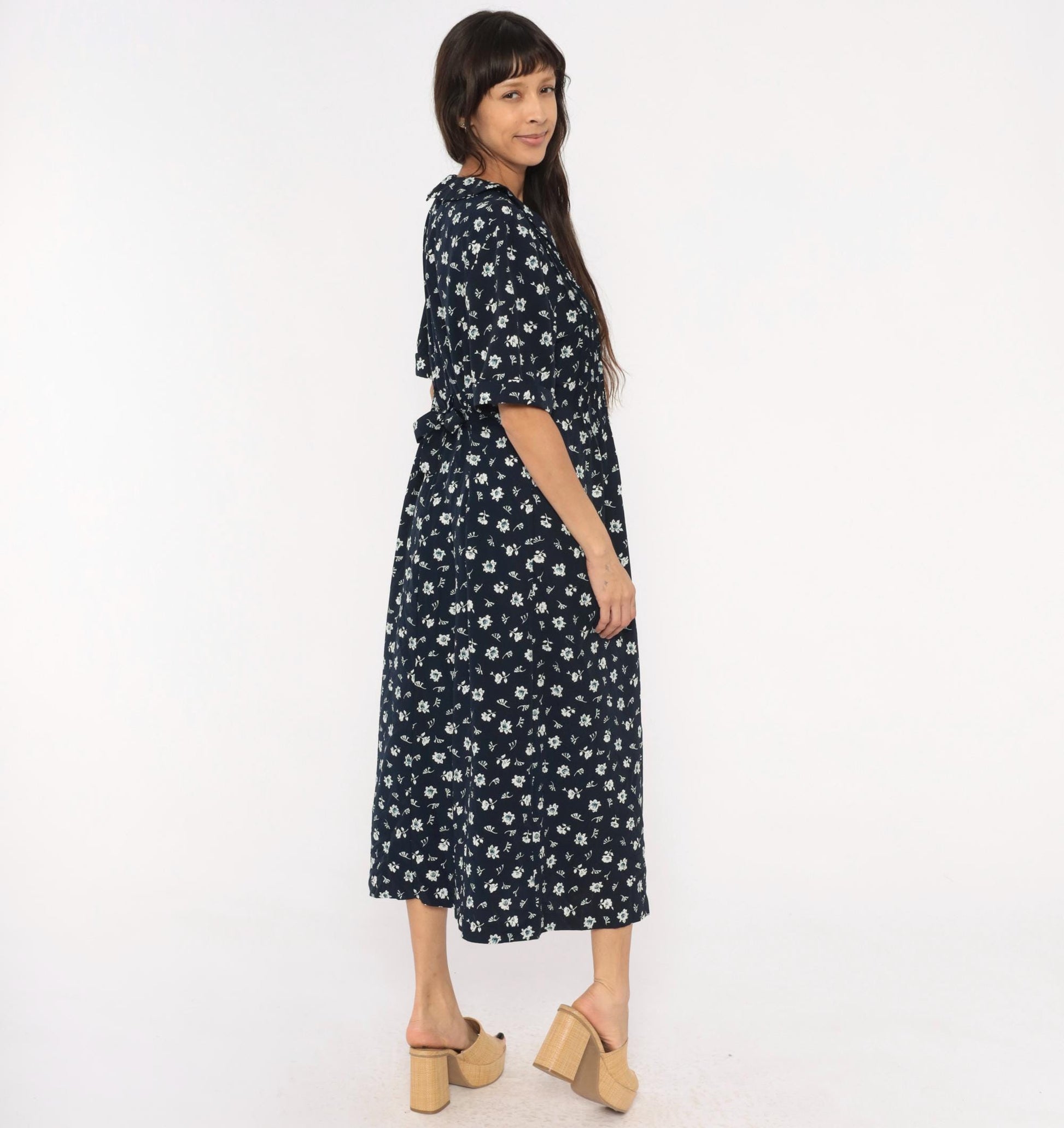 90s Kathie Lee Navy Floral Midi Dress Peter Pan Collar Pintuck Bodice Large L