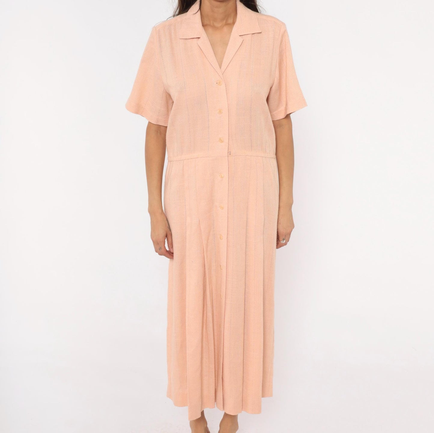 80s Peach Cotton Maxi Shirtdress Camp Collar Pleated Prairie Large L