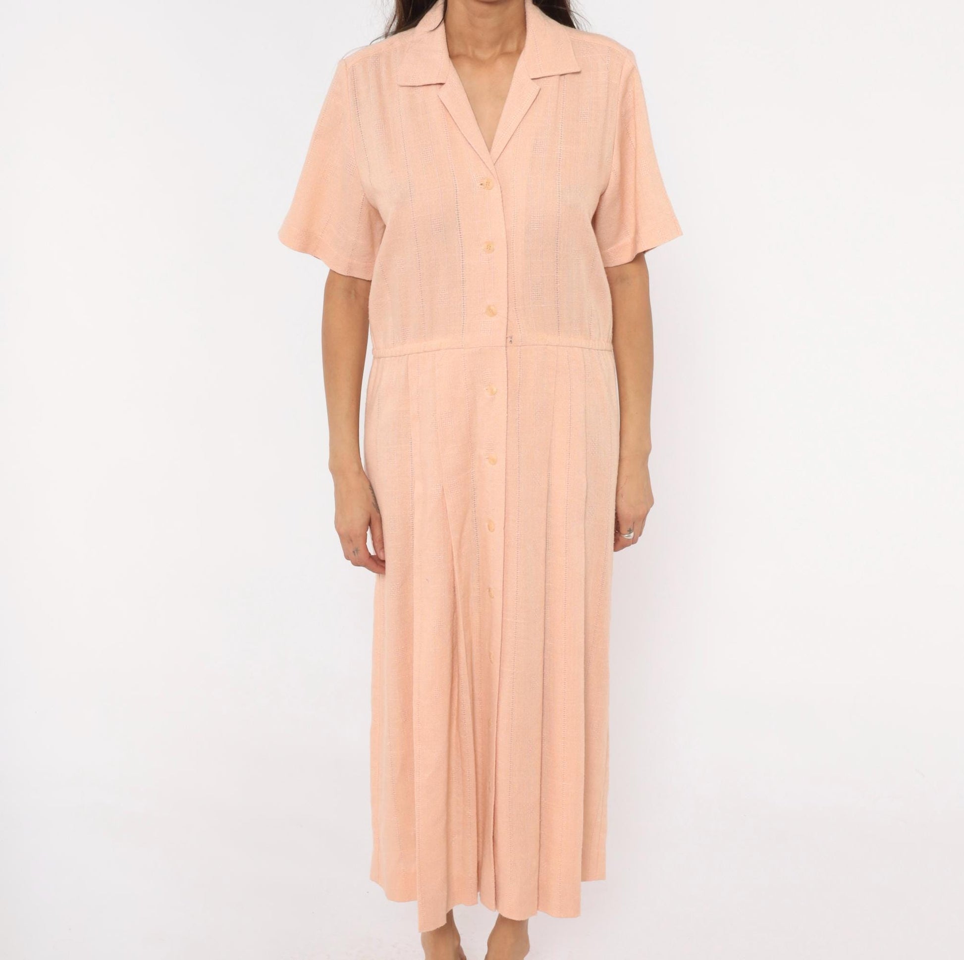 80s Peach Cotton Maxi Shirtdress Camp Collar Pleated Prairie Large L