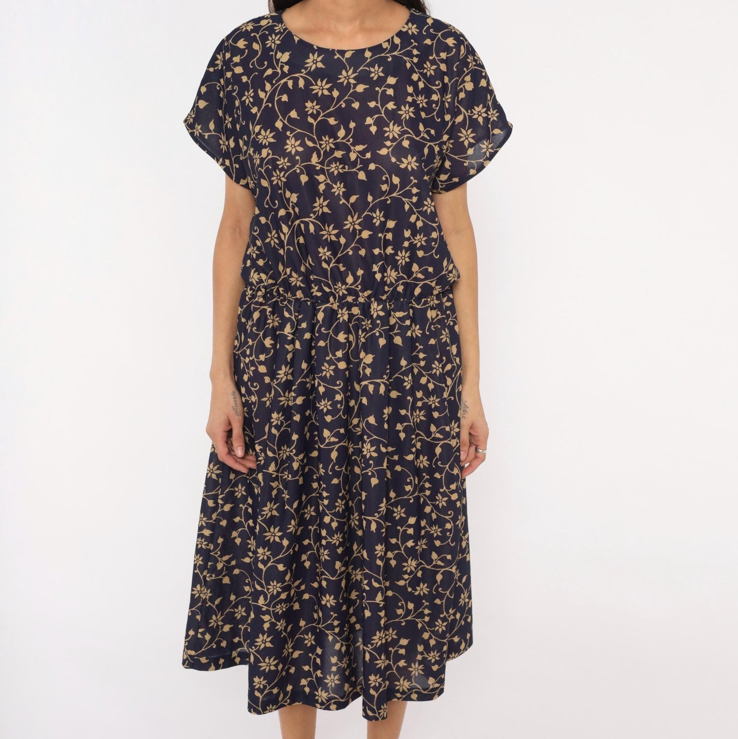 80s Navy Tan Floral Vine Midi Dress Gathered Waist Keyhole Back Extra Large
