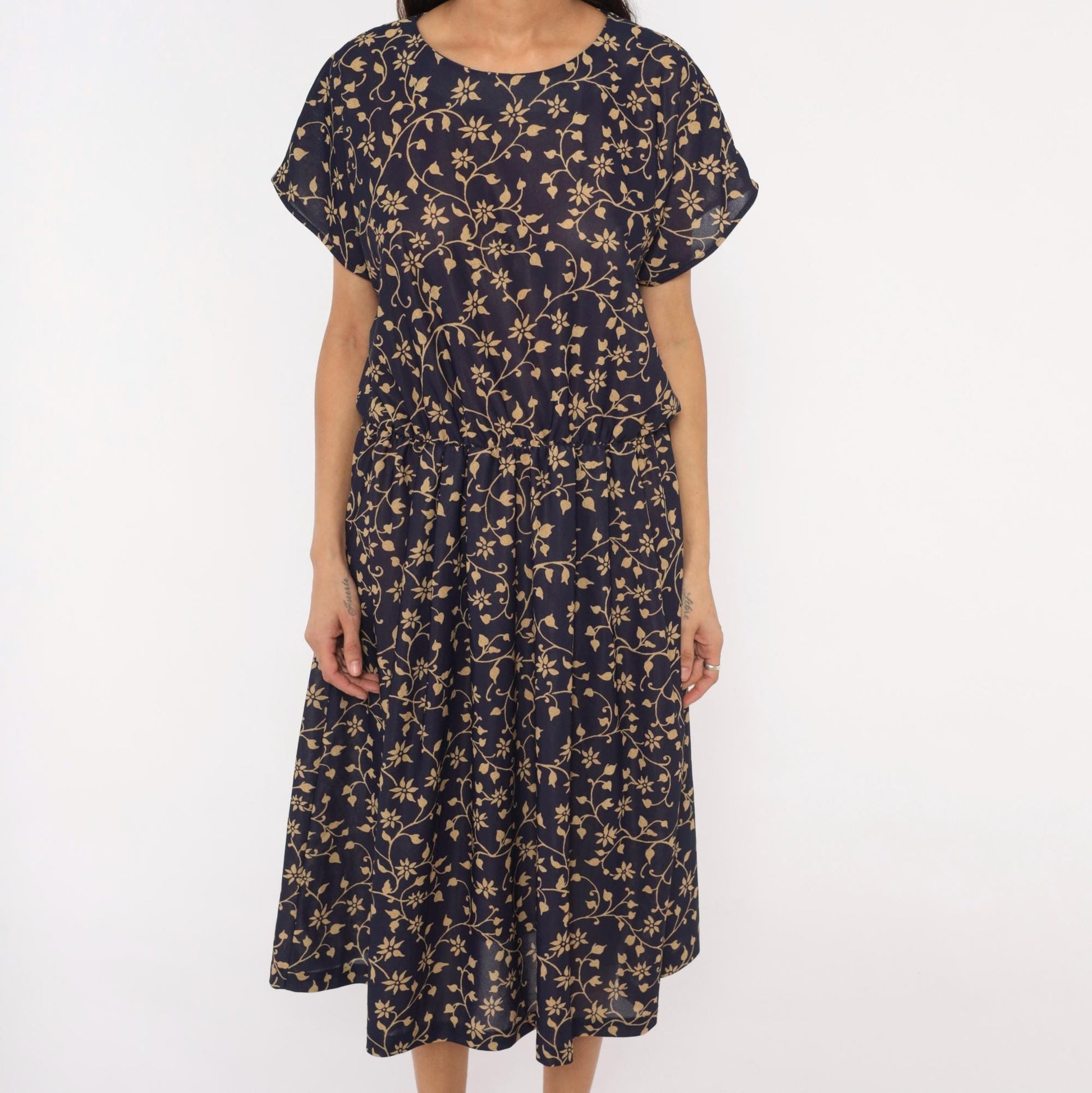 80s Navy Tan Floral Vine Midi Dress Gathered Waist Keyhole Back Extra Large