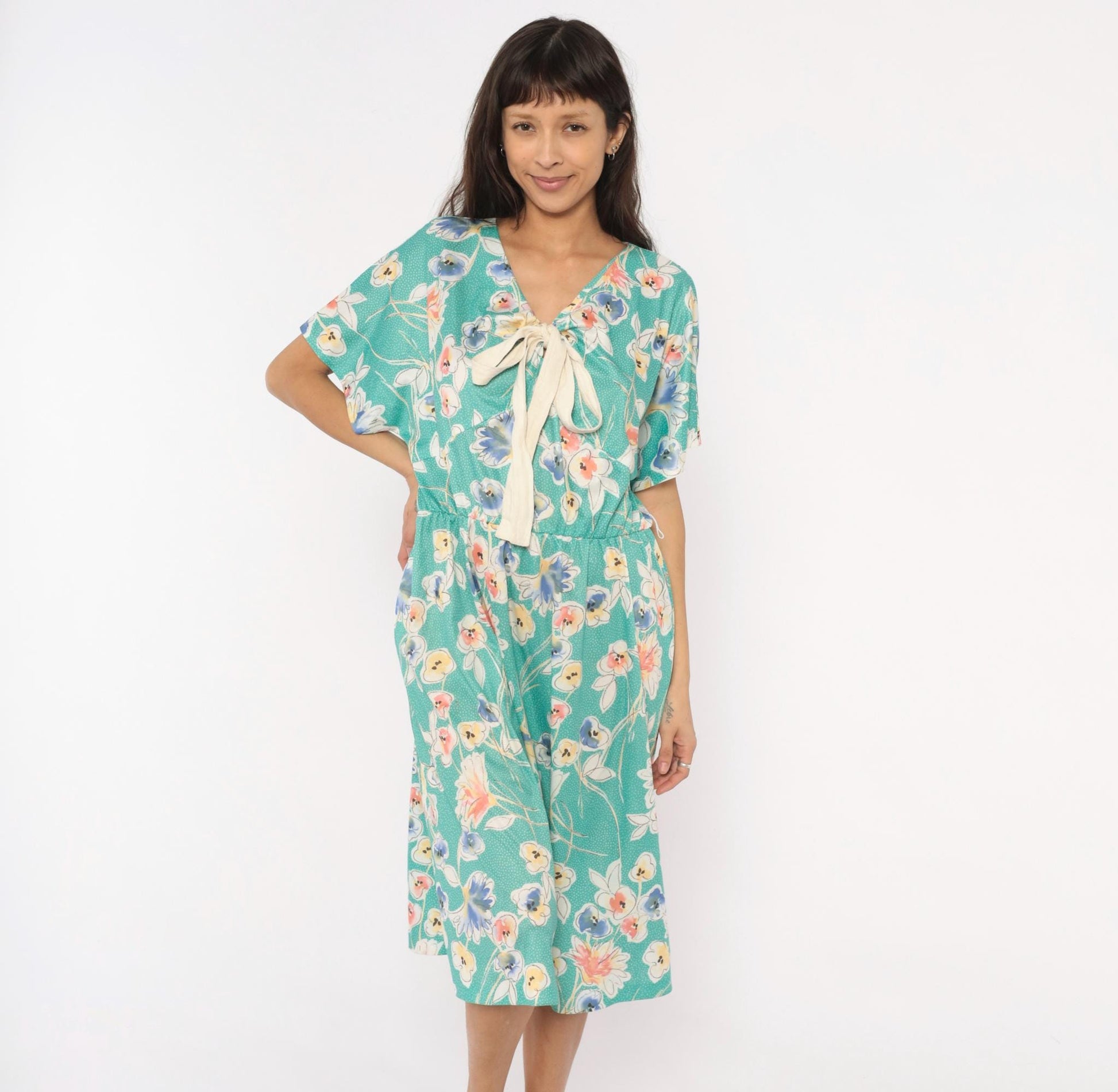 80s Pansy Floral Dress Teal V-Neck Bow Blouson Knee Length Extra Large