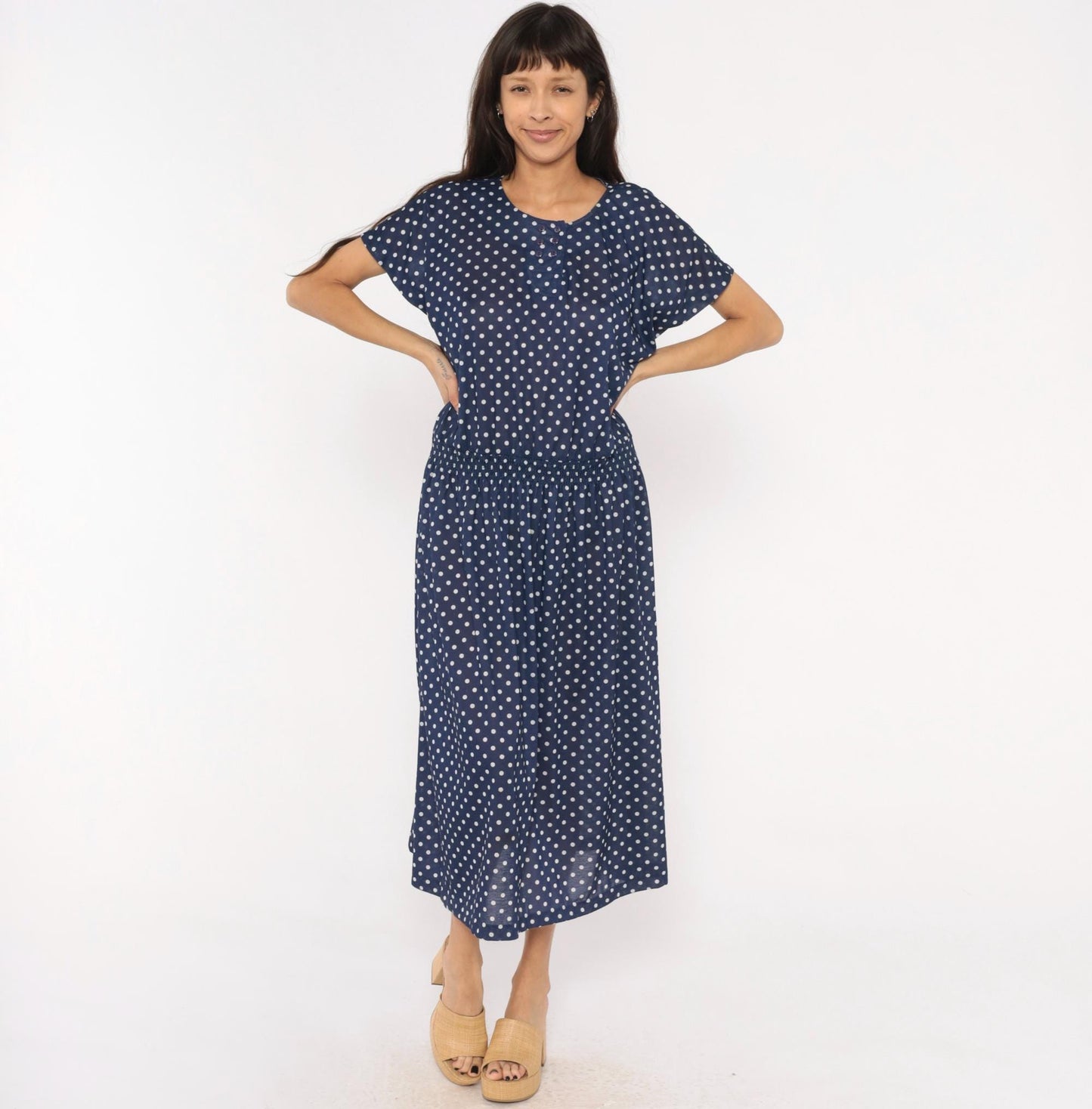 80s Darian Navy White Polka Dot Midi Dress Elastic Waist Short Sleeve Extra Large XL