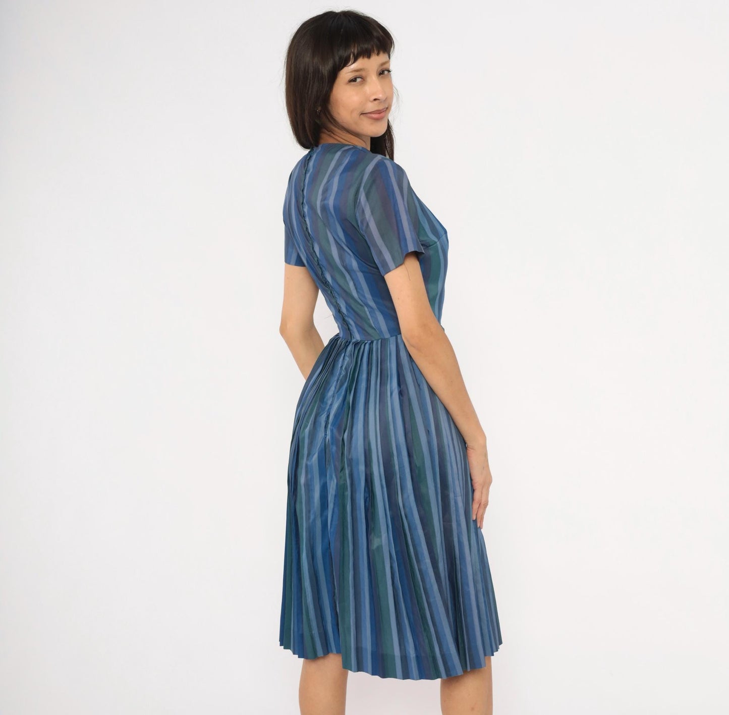 60s Stacy Ames Striped Pleated Midi Dress Navy Teal Crew Neck Small