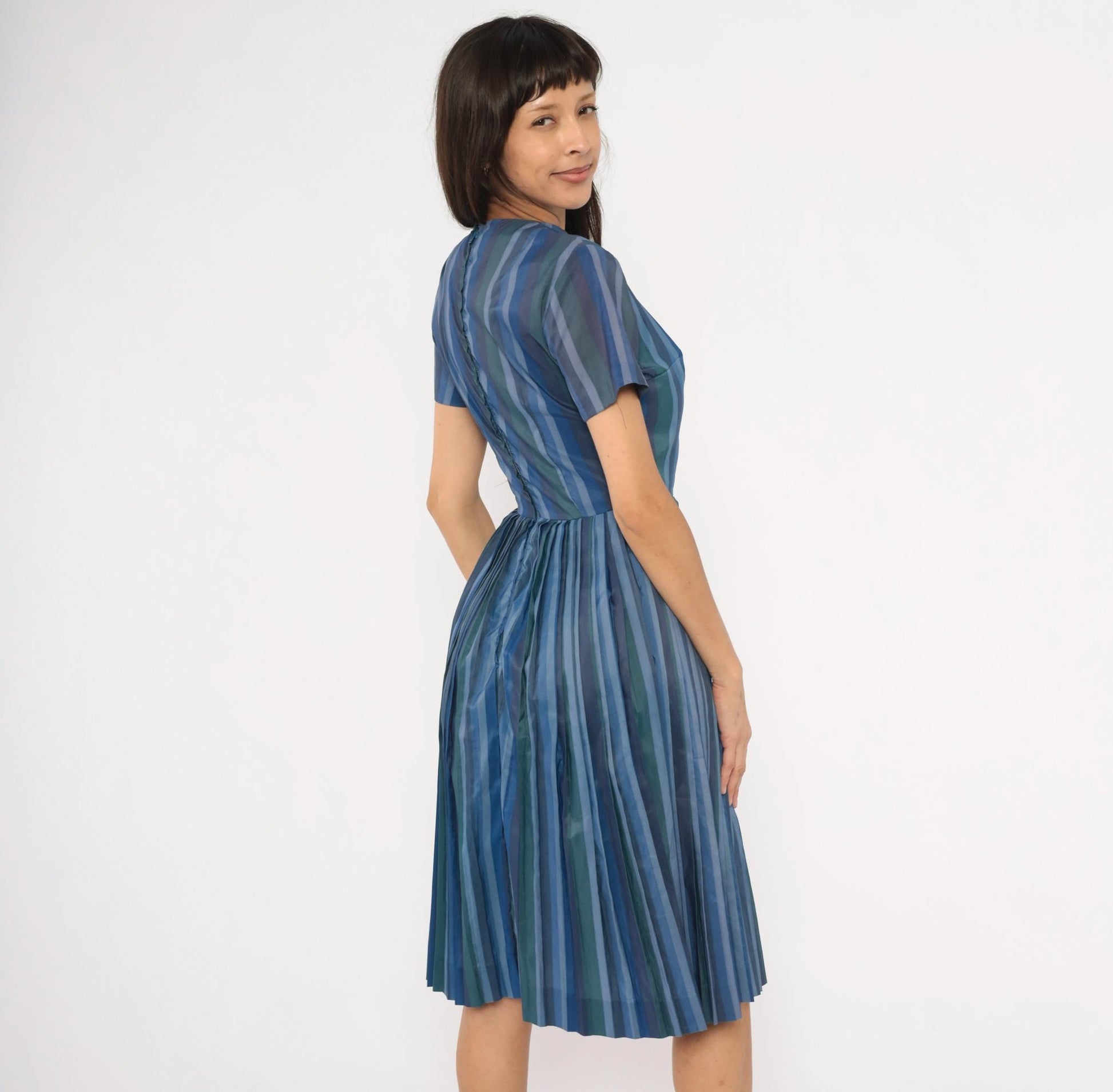 60s Stacy Ames Striped Pleated Midi Dress Navy Teal Crew Neck Small