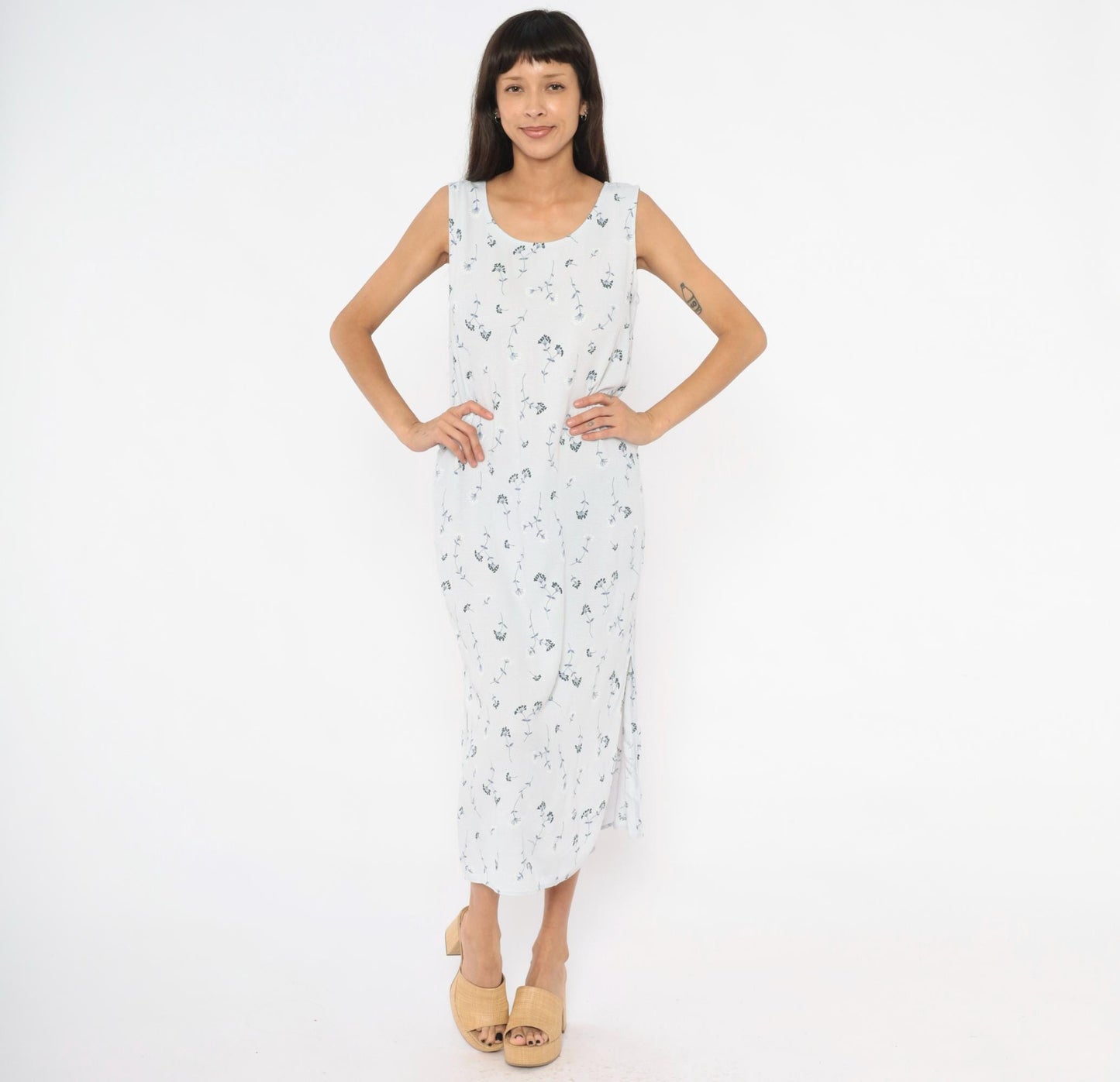 90s Notations Floral Maxi Dress White Navy Wildflower Sleeveless Medium