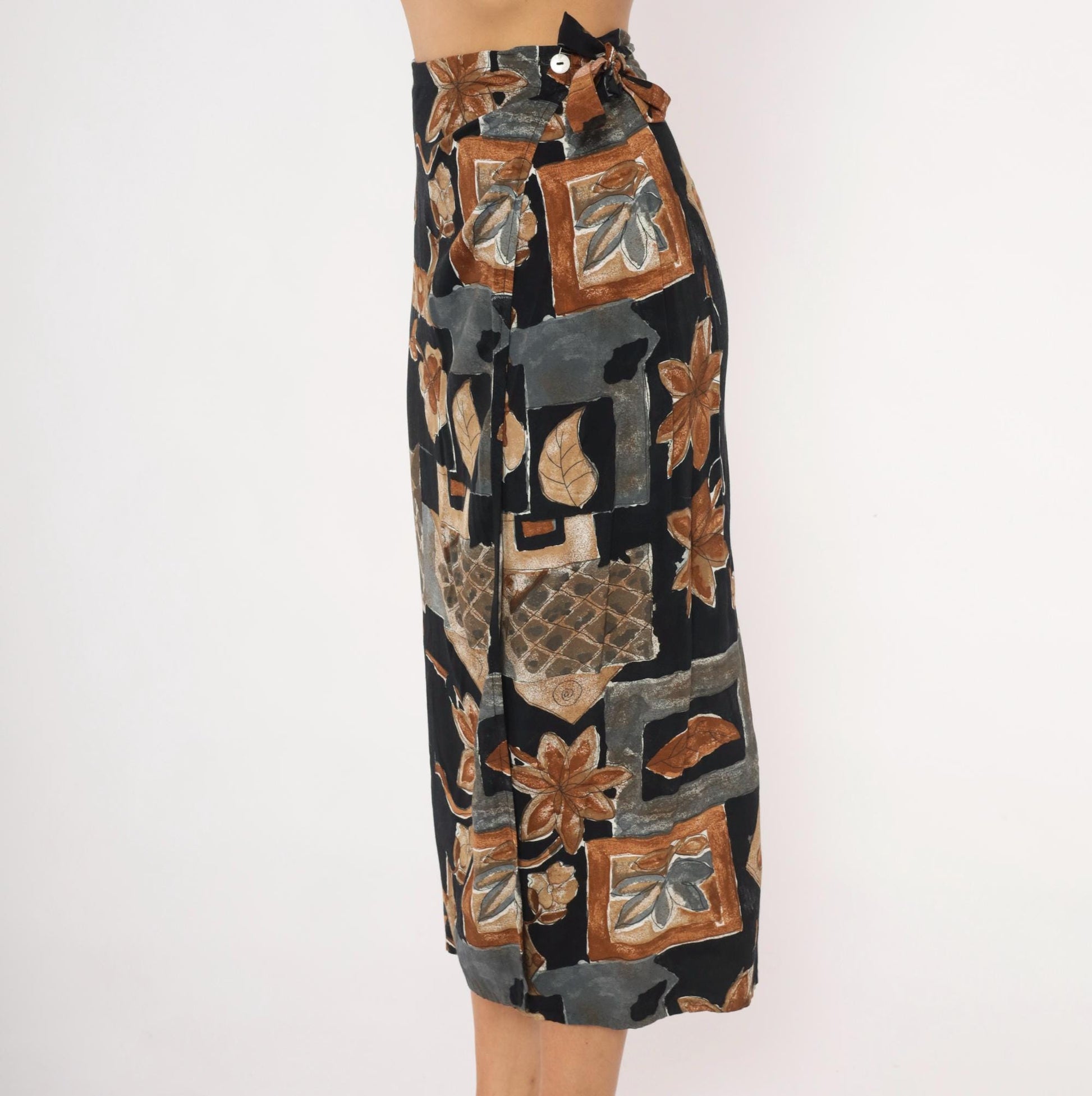 90s Abstract Botanical Wrap Skirt Black Patchwork Midi Small S