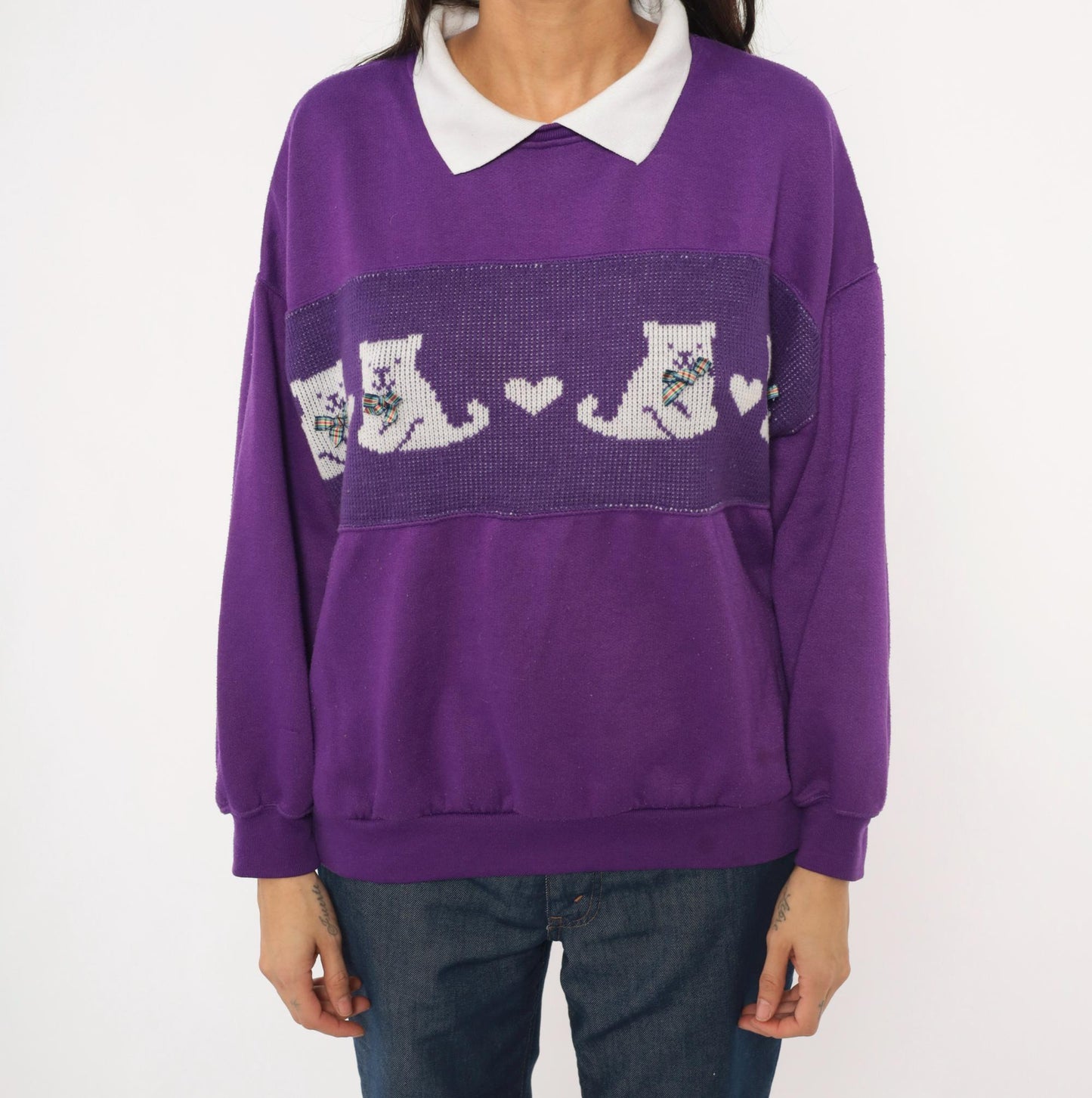 90s Purple Cat Collared Sweatshirt White Collar Plaid Bow Heart Panel Plus Size 1X