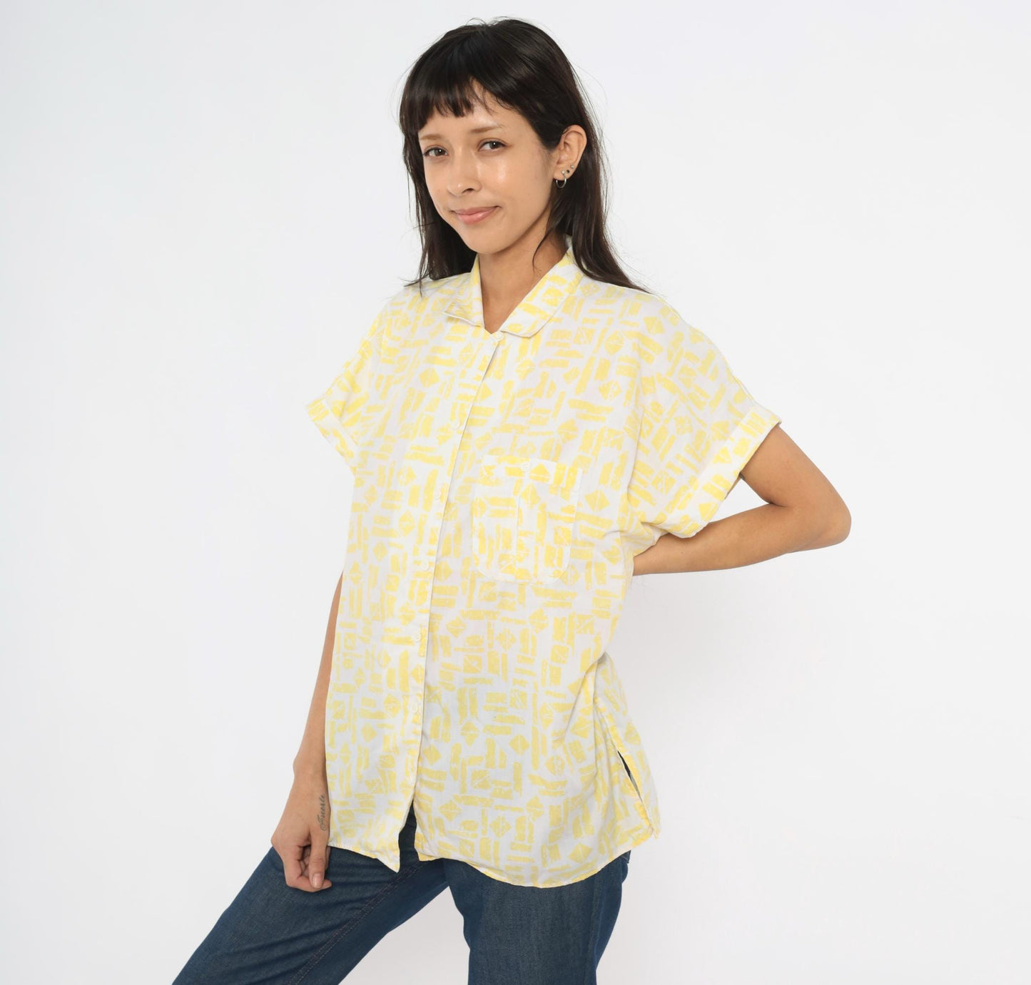 90s Golden Wings Abstract Geometric Shirt Yellow White Collared Blouse Large L