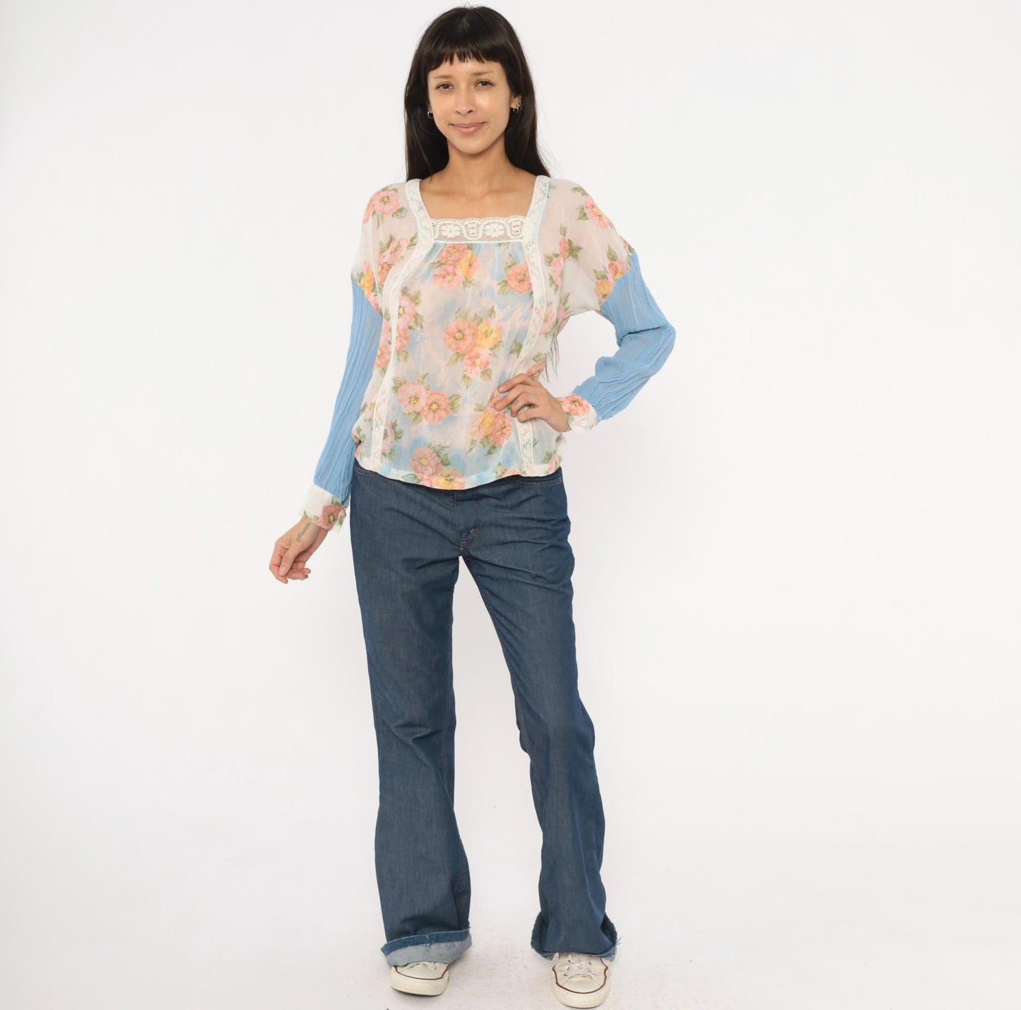 70s Arnelle of California Floral Peasant Blouse Pink Rose Cotton Gauze Medium