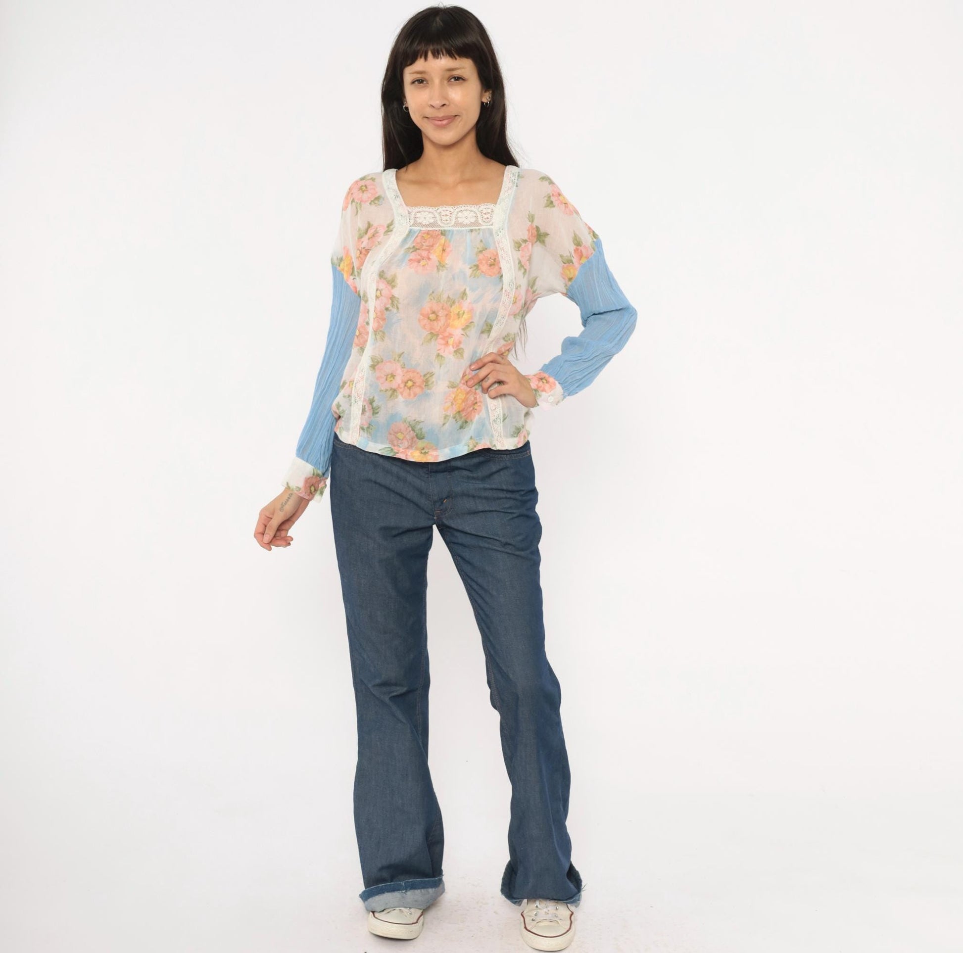 70s Arnelle of California Floral Peasant Blouse Pink Rose Cotton Gauze Medium