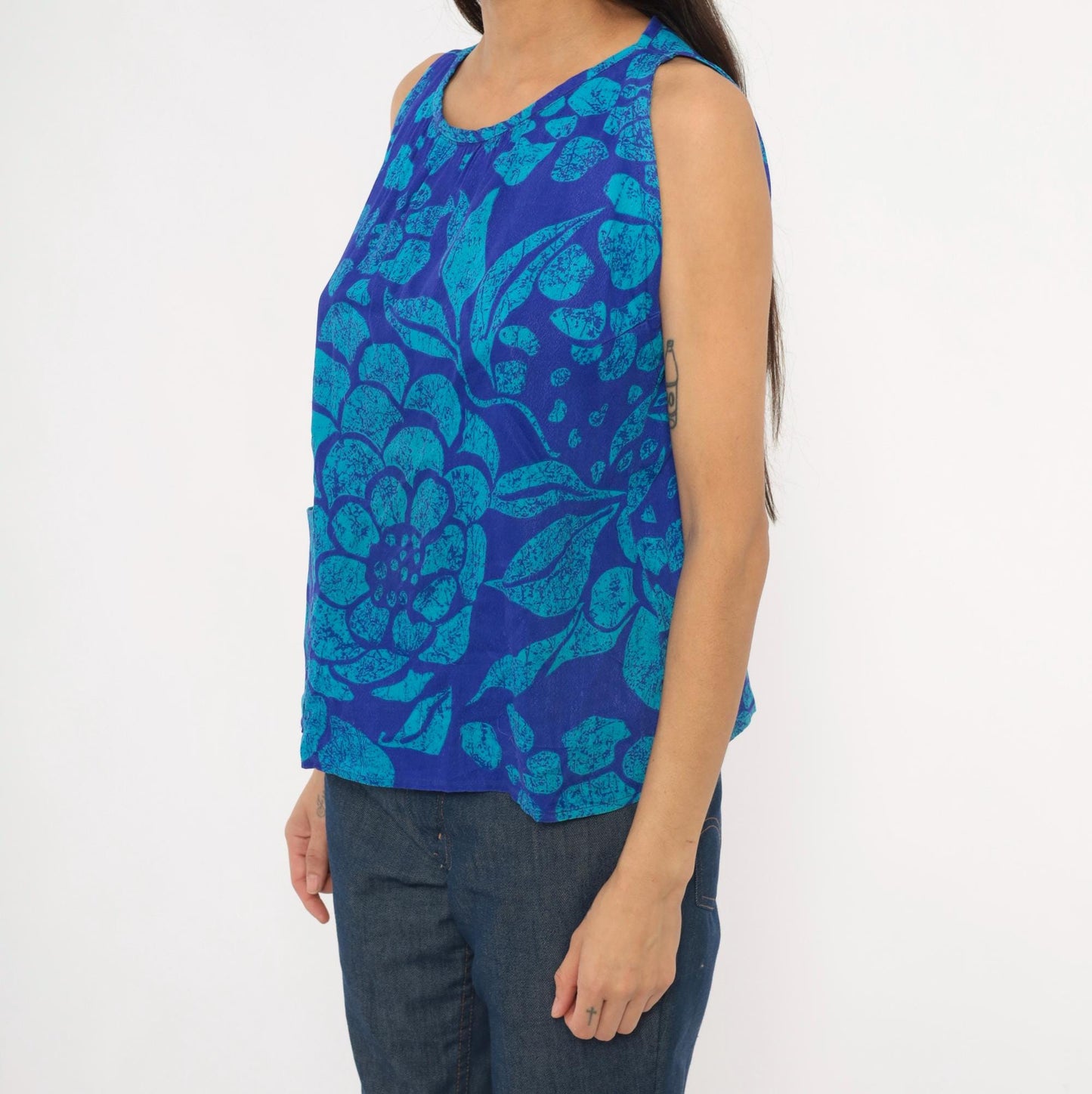 70s Batik Floral Tank Top Cobalt Teal Cotton Scoop Neck Medium M