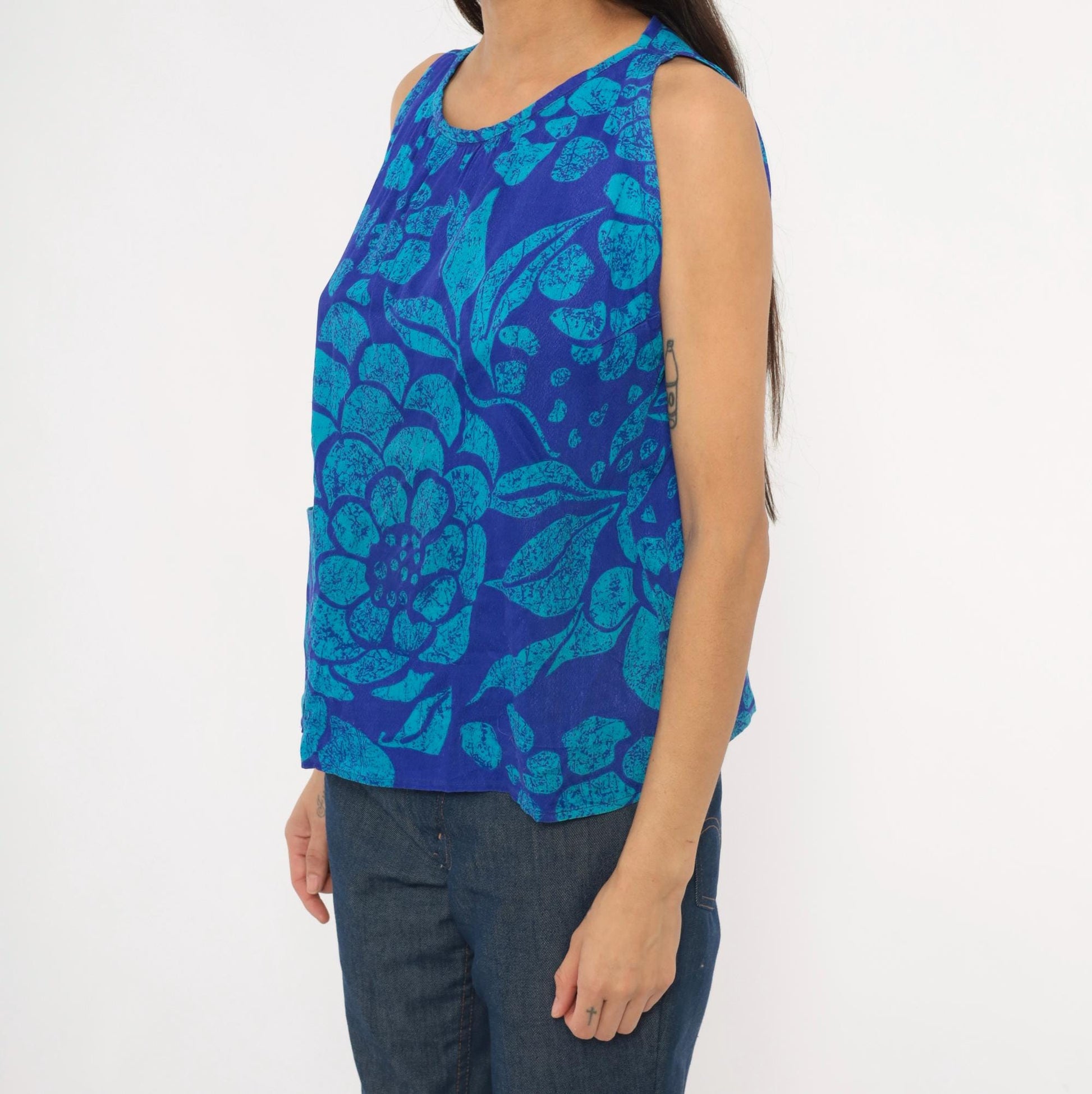70s Batik Floral Tank Top Cobalt Teal Cotton Scoop Neck Medium M