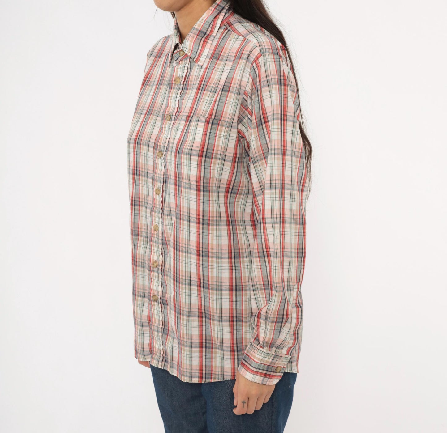 80s New York Sportswear Exchange Plaid Button-Up Shirt Cream Burgundy Medium