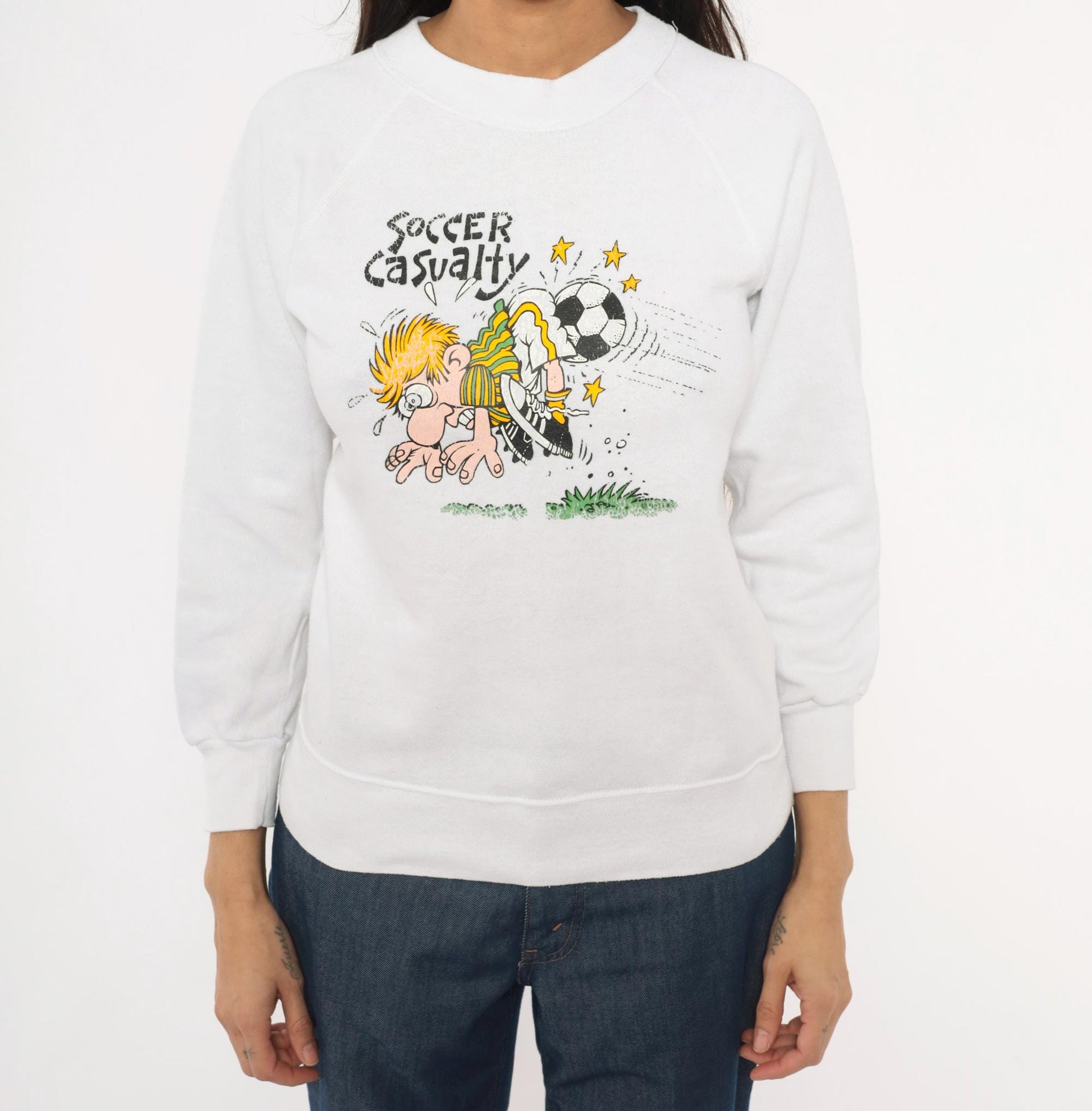 90s Soccer Casualty Cartoon Graphic Raglan Sweatshirt White Cotton Extra Small XS