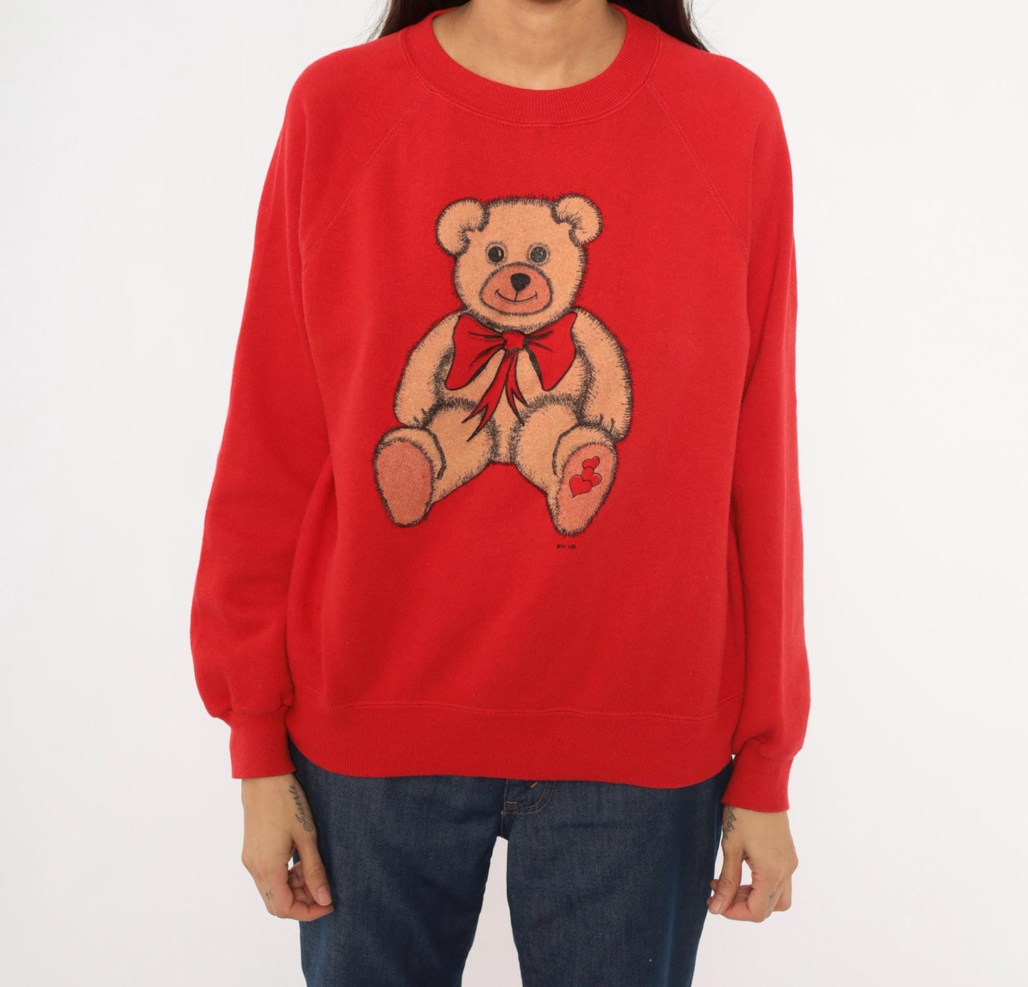 80s Teddy Bear Red Raglan Sweatshirt Graphic Crewneck Hearts Bow Medium M