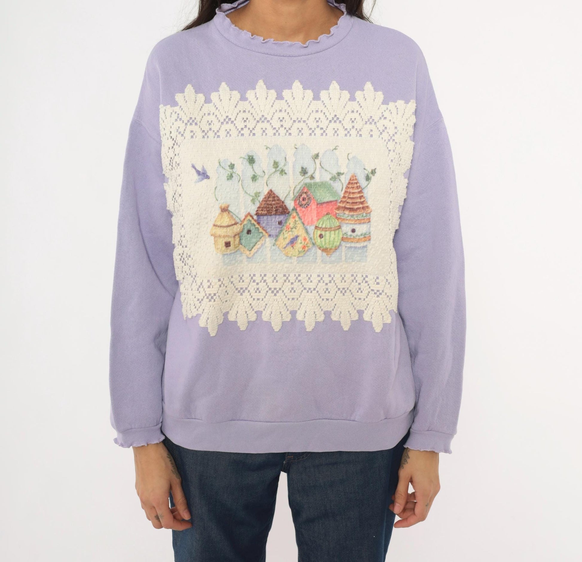 90s Tultex Lavender Birdhouse Applique Sweatshirt Ruffled Crewneck Large L