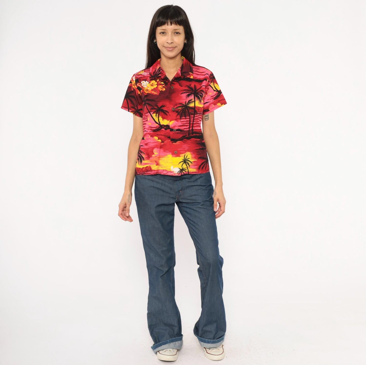90s Palmwave Hawaii Camp Collar Shirt Red Pink Tropical Palm Tree Cotton Medium