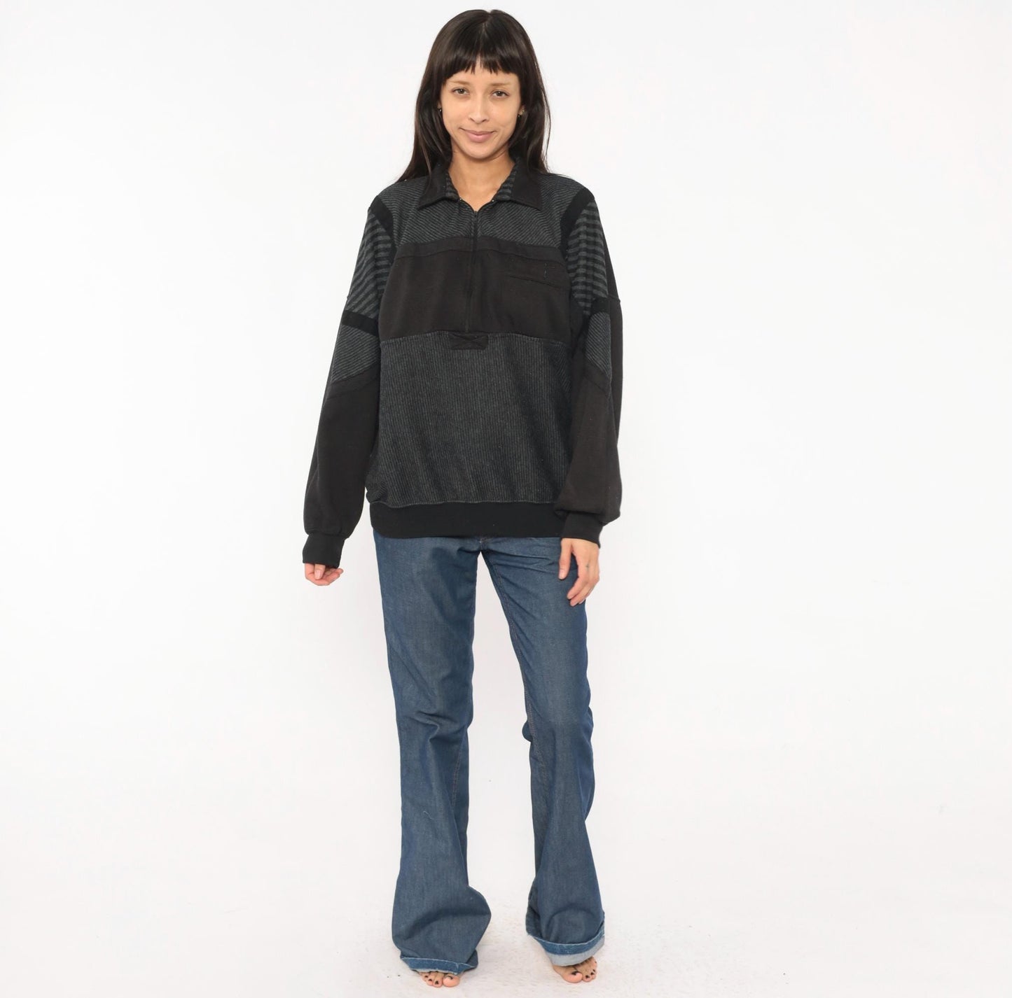 90s Alexxus Half-Zip Pullover Black Grey Patchwork Colorblock Sweatshirt Extra Large